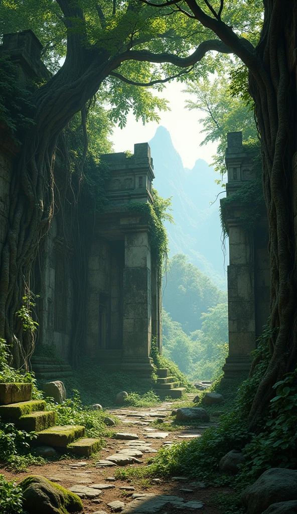 In a dimly lit, overgrown clearing, the ancient temple's entrance yawns open like a maw, vines tangled in a knot above it like skeletal fingers. Moss-covered stones jut out from the walls as trees sprout through cracks, their leafy canopies filtering dappled sunlight. Weathered pillars rise like sentinels, worn smooth by time and moisture. The air is heavy with humidity and the scent of decay. In the distance, mist-shrouded peaks pierce the sky, while nearby, vines snare the temple's crumbling spires, as if attempting to reclaim this forgotten place for nature itself.