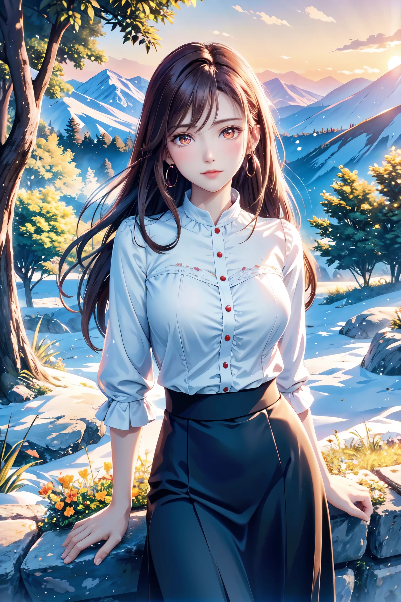 ( top quality, high definition , high image quality, masterpieces during breakfast, 8k), A Beautiful Woman , beautiful brown eyes, pink lips, beautiful perfect face, Anatomically accurate and beautiful body shape , Accurate hand drawing, dark brown long hair , long-sleeved blouse , Flowing long skirt, Mid-chest, earrings for a woman alone, Small villa with a good view , Majestic Mountain々, Forest of Trees , grassland, Clouds dyed red in the sunset , Detailed illustrated art with background,