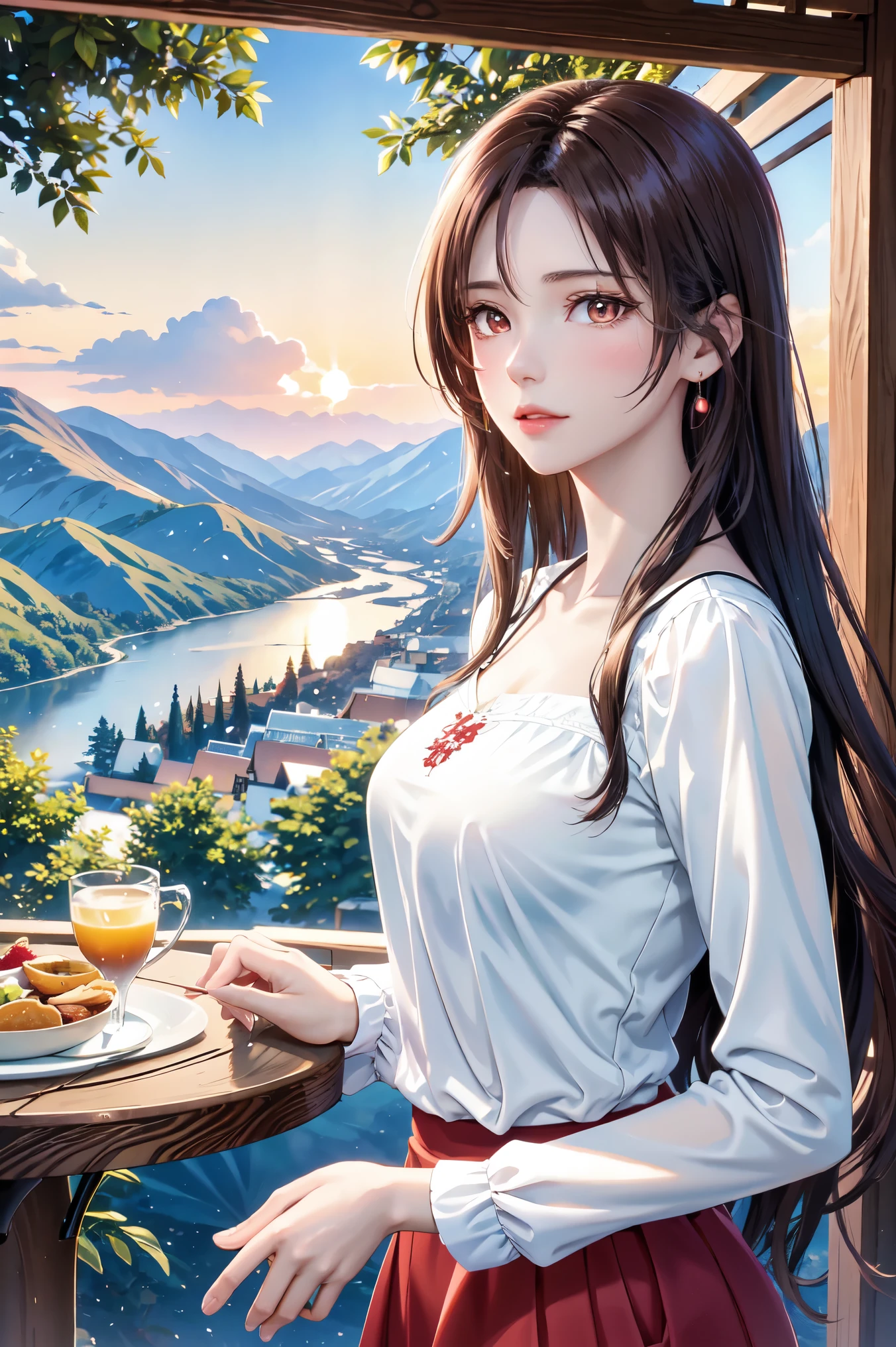 ( top quality, high definition , high image quality, masterpieces during breakfast, 8k), A Beautiful Woman , beautiful brown eyes, pink lips, beautiful perfect face, Anatomically accurate and beautiful body shape , Accurate hand drawing, dark brown long hair , long-sleeved blouse , Flowing long skirt, Mid-chest, earrings for a woman alone, Small villa with a good view , Majestic Mountain々, Forest of Trees , grassland, Clouds dyed red in the sunset , Detailed illustrated art with background,