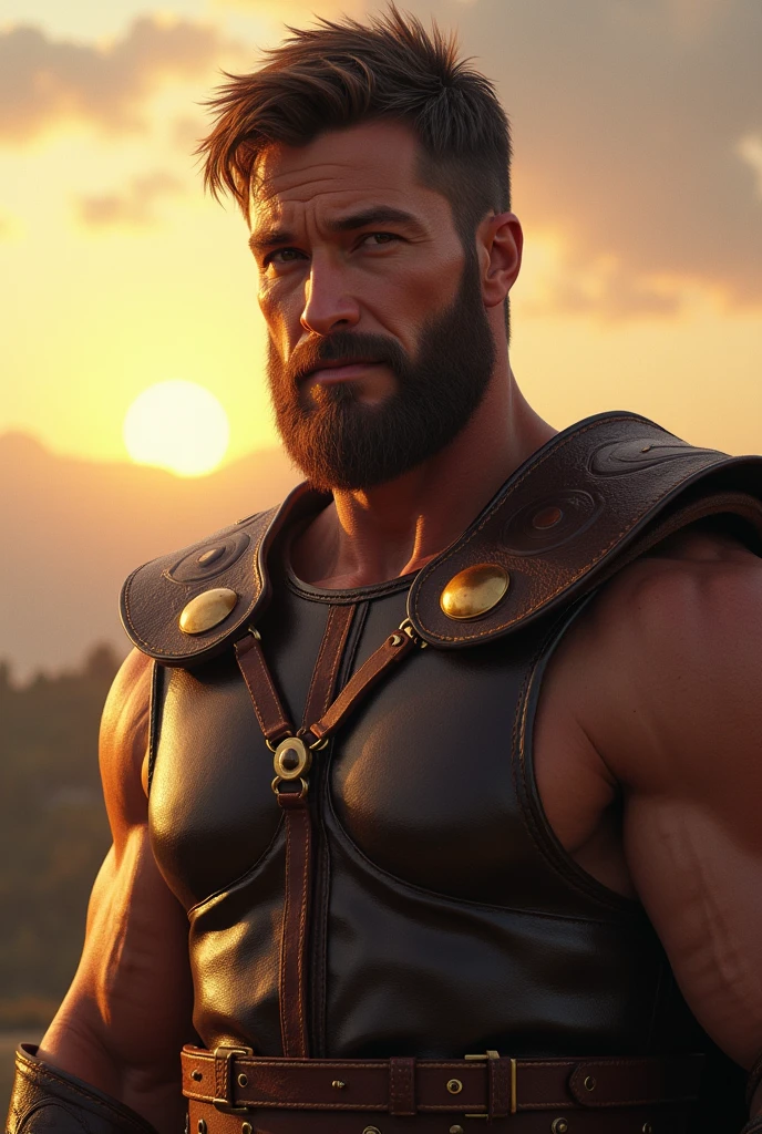 ((((realistic))), incredible details, portrait of Leonidas of Sparta amid the devastation of war, captured with a 50mm Phase One camera).