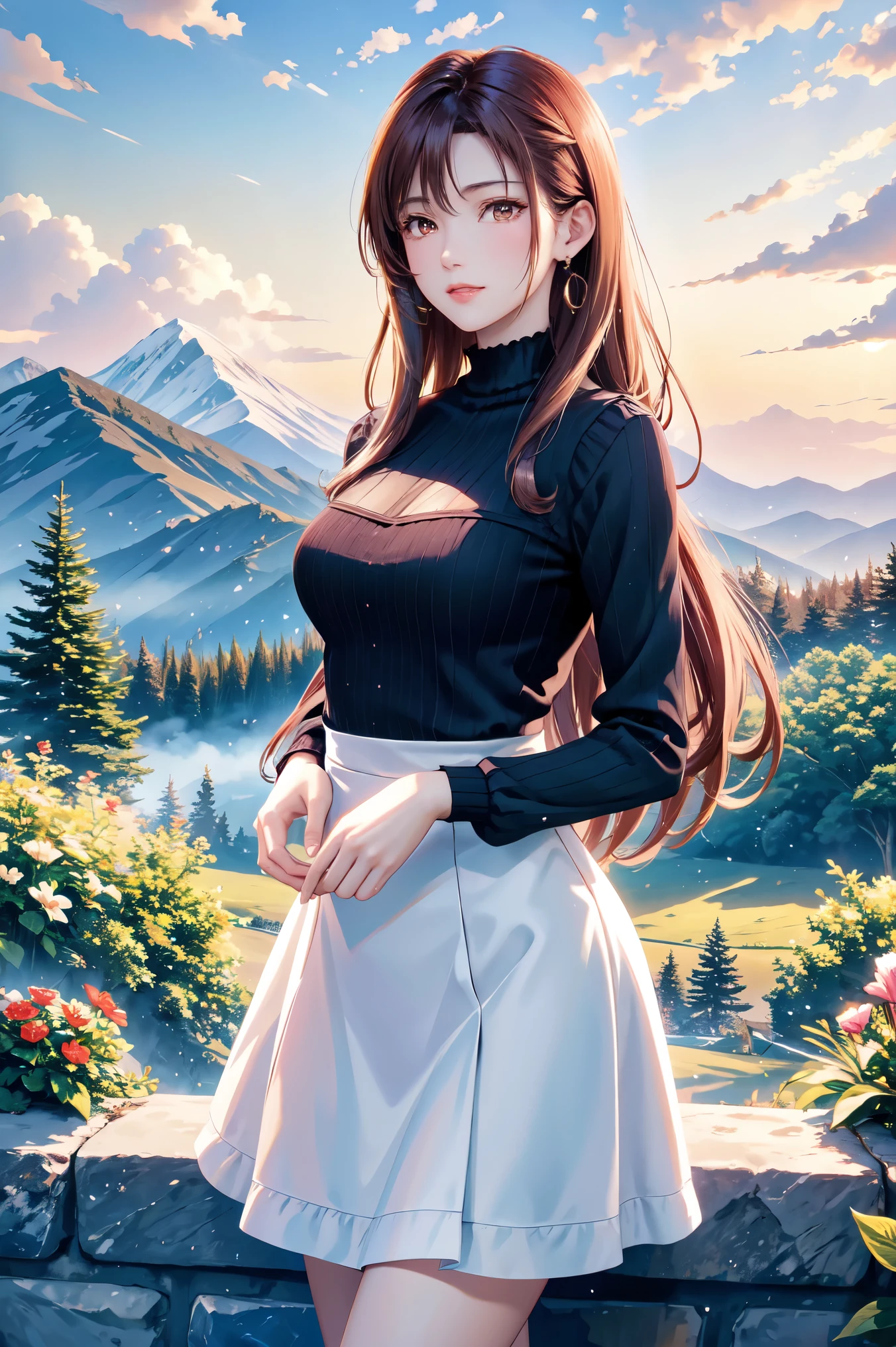 ( top quality, high definition , high image quality, masterpieces during breakfast, 8k), A Beautiful Woman , beautiful brown eyes, pink lips, beautiful perfect face, Anatomically accurate and beautiful body shape , Accurate hand drawing, dark brown long hair , long-sleeved blouse , Flowing long skirt, Mid-chest, earrings for a woman alone, Small villa with a good view , Majestic Mountain々, Forest of Trees , grassland, Clouds dyed red in the sunset , Detailed illustrated art with background,