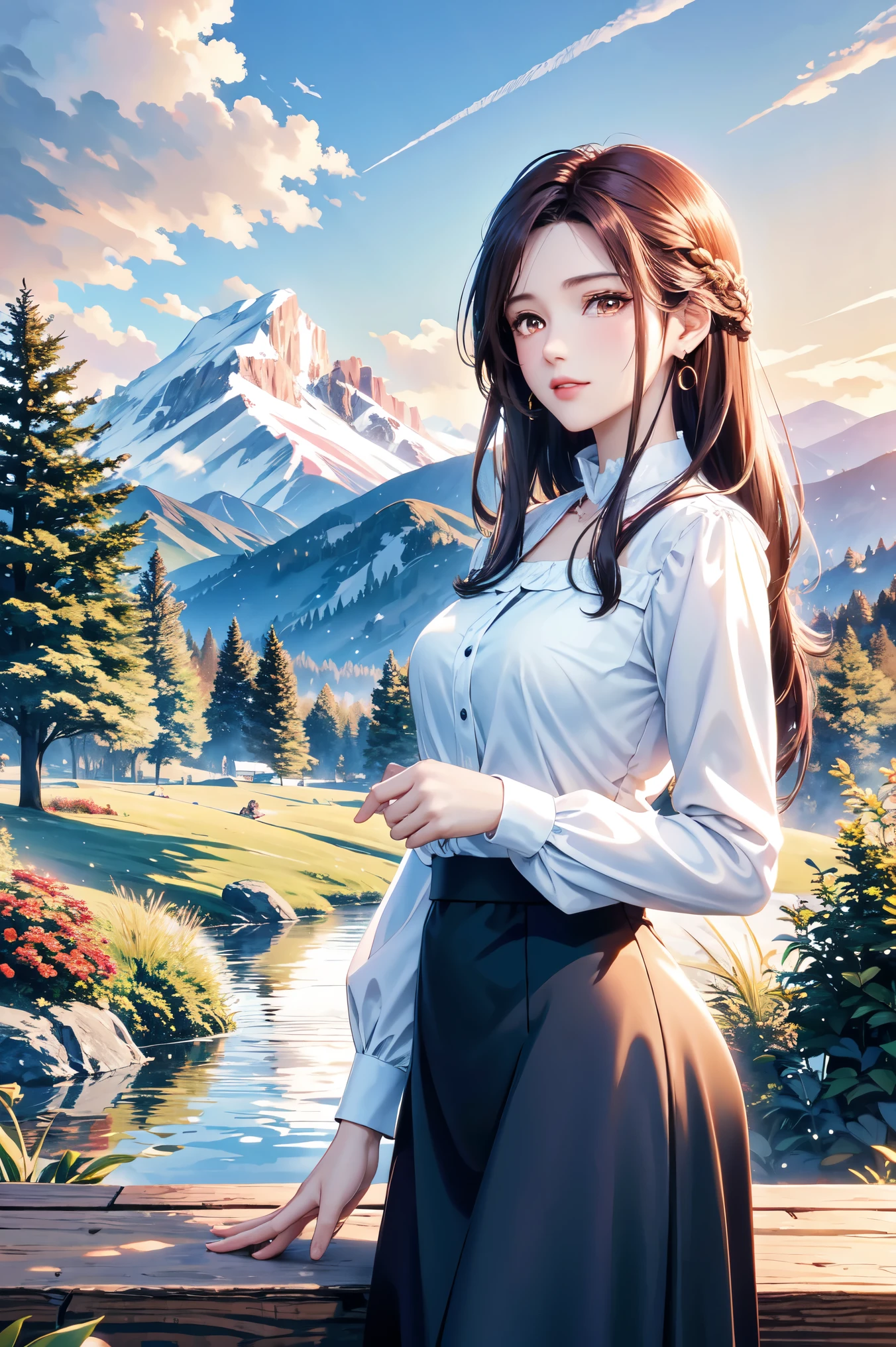 ( top quality, high definition , high image quality, masterpieces during breakfast, 8k), A Beautiful Woman , beautiful brown eyes, pink lips, beautiful perfect face, Anatomically accurate and beautiful body shape , Accurate hand drawing, dark brown long hair , long-sleeved blouse , Flowing long skirt, Mid-chest, earrings for a woman alone, Small villa with a good view , Majestic Mountain々, Forest of Trees , grassland, Clouds dyed red in the sunset , Detailed illustrated art with background,