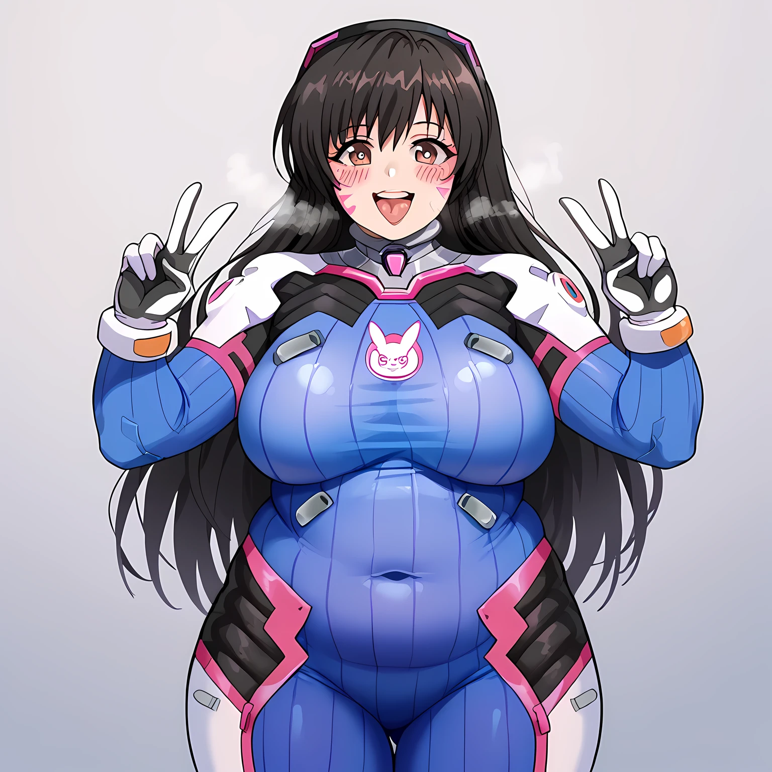 score_9, score_8_up, score_7_up, source_anime, yui kotegawa, black hair, brown eyes, long hair, large breasts, overwatch dva cosplay, d.va (overwatch) (cosplay), bodysuit, cosplay, covered navel, skin tight, vertical-striped bodysuit, streets, smile, blush, v, v over eye, tongue out, cowboy shot, looking at viewer fat, chubby, obese, gigantic arms and legs, large breasts open mouth, out of breath