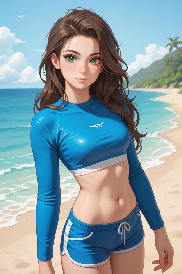 1girl, cute, young woman, adult, medium-long hair, lips, tomboy, slim body, nice belly, medium chest, blue long-sleeve surfer croo too, long-sleeve crop top, tight crop top, blue swimming shorts, at the beach, closed mouth, green eyes, brown hair