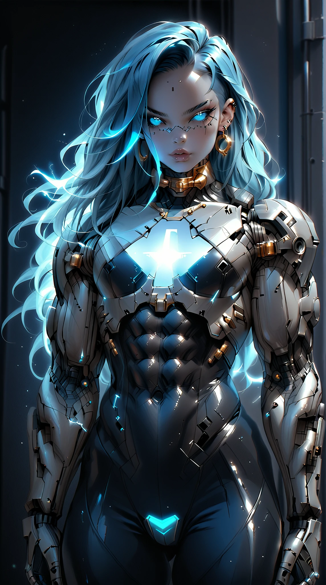 (nsfw:1), (Uncensored:1), score_9, score_8_up, score_7_up, (three quarters Shot), (1 girl), (asian), beautiful teenage (skinny) muscular goth cyborg girl, (full Cybernetic bodysuit:1.5), (black sclera:1.5), (blue glowing eyes:1.5), (blue glowing electric veins:1.25), (flat chest:1.25), (blue glowing hair:1.25), (beautiful face:1.25), (bodybuilder muscular physique:1.5), (strands of electricity emanating from body:1.25), (intricate gold filigree:1.5), bimbo lips, cowboy shot, cybernetic, mechanoid body parts, exposed cables and circuits, neon lights, gothic neon style, cyber punk style, super realistic image, beautiful digital paint ,SilverPulse, hyper Realistic illustrations, CyberRealistic_Negative_PONY