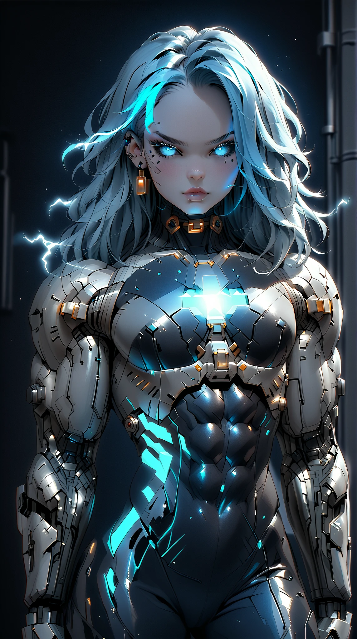 (nsfw:1), (Uncensored:1), score_9, score_8_up, score_7_up, (three quarters Shot), (1 girl), (asian), beautiful teenage (skinny) muscular goth cyborg girl, (full Cybernetic bodysuit:1.5), (black sclera:1.5), (blue glowing eyes:1.5), (blue glowing electric veins:1.25), (flat chest:1.25), (blue glowing hair:1.25), (beautiful face:1.25), (bodybuilder muscular physique:1.5), (strands of electricity emanating from body:1.25), (intricate gold filigree:1.5), bimbo lips, cowboy shot, cybernetic, mechanoid body parts, exposed cables and circuits, neon lights, gothic neon style, cyber punk style, super realistic image, beautiful digital paint ,SilverPulse, hyper Realistic illustrations, CyberRealistic_Negative_PONY