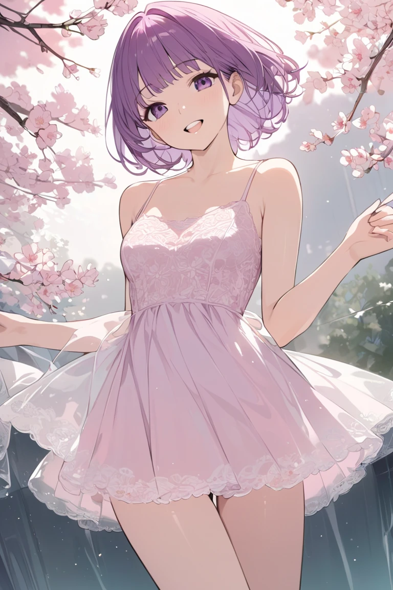 beautiful woman wearing a cherry blossom pink (diaphanous dress) <lora:diaphanous_dress-1.0:0.8>,
(classic purple hair Side Bun),
(Hut),
dutch angle,
standing,
stubborn