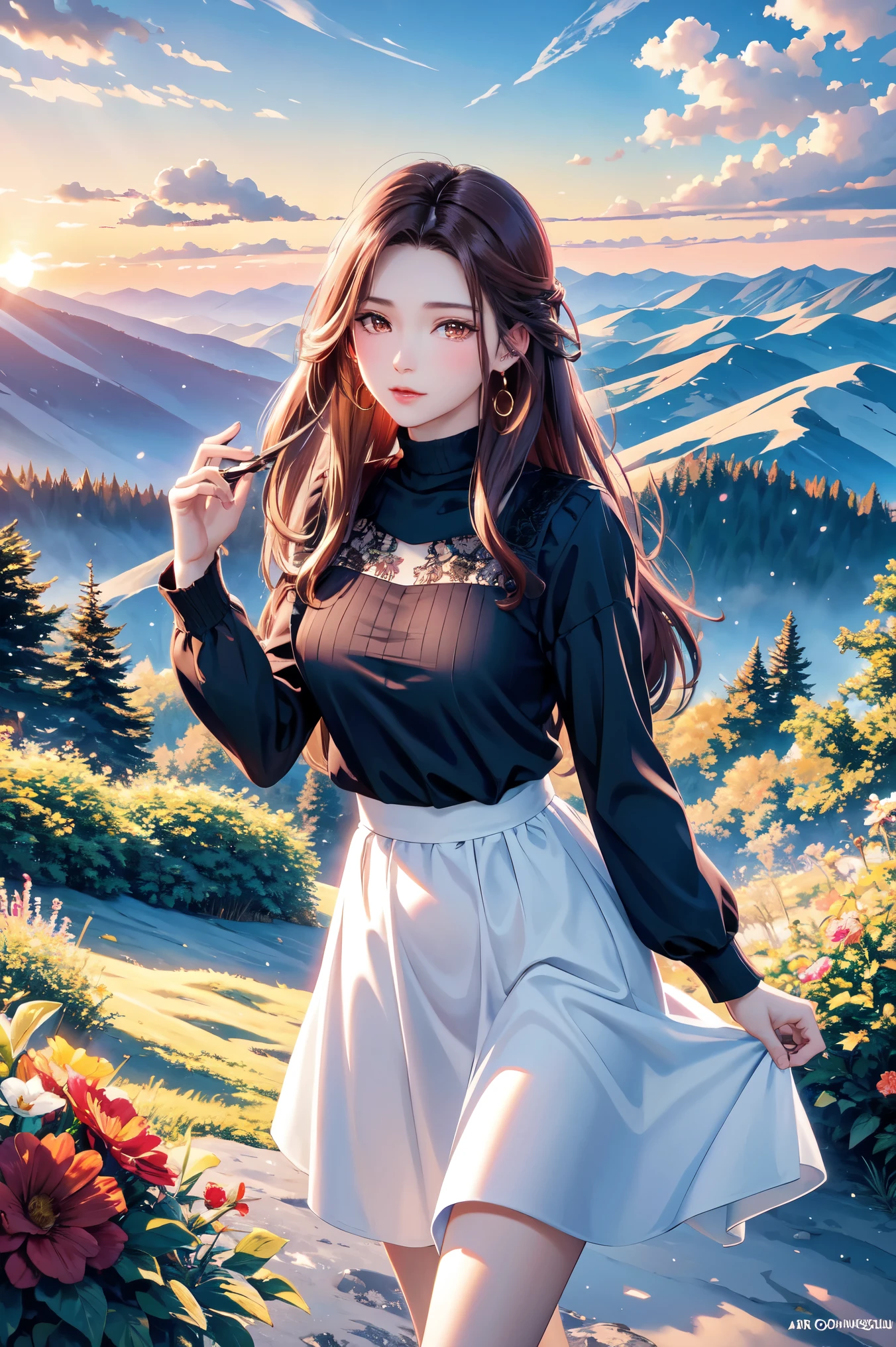( top quality, high definition , high image quality, masterpieces during breakfast, 8k), A Beautiful Woman , beautiful brown eyes, pink lips, beautiful perfect face, Anatomically accurate and beautiful body shape , Accurate hand drawing, dark brown long hair , long-sleeved blouse , Flowing long skirt, Mid-chest, earrings for a woman alone, Small villa with a good view , Majestic Mountain々, Forest of Trees , grassland, Clouds dyed red in the sunset , Detailed illustrated art with background,