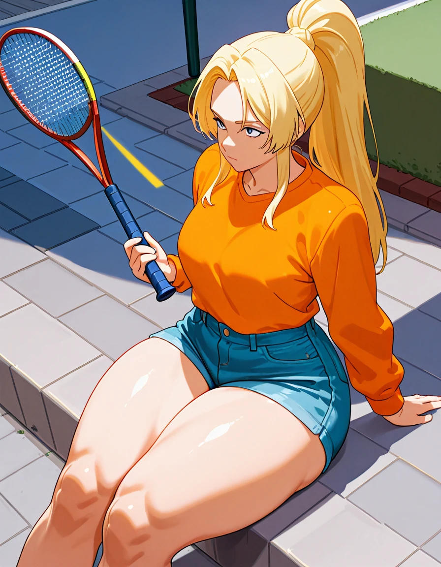 _cartoon, aventuras de Cinderella ,Cinderella, orange sweatshirt, denim shorts, thick thighs , tennis,  sitting on the sidewalk, long blond hair ,