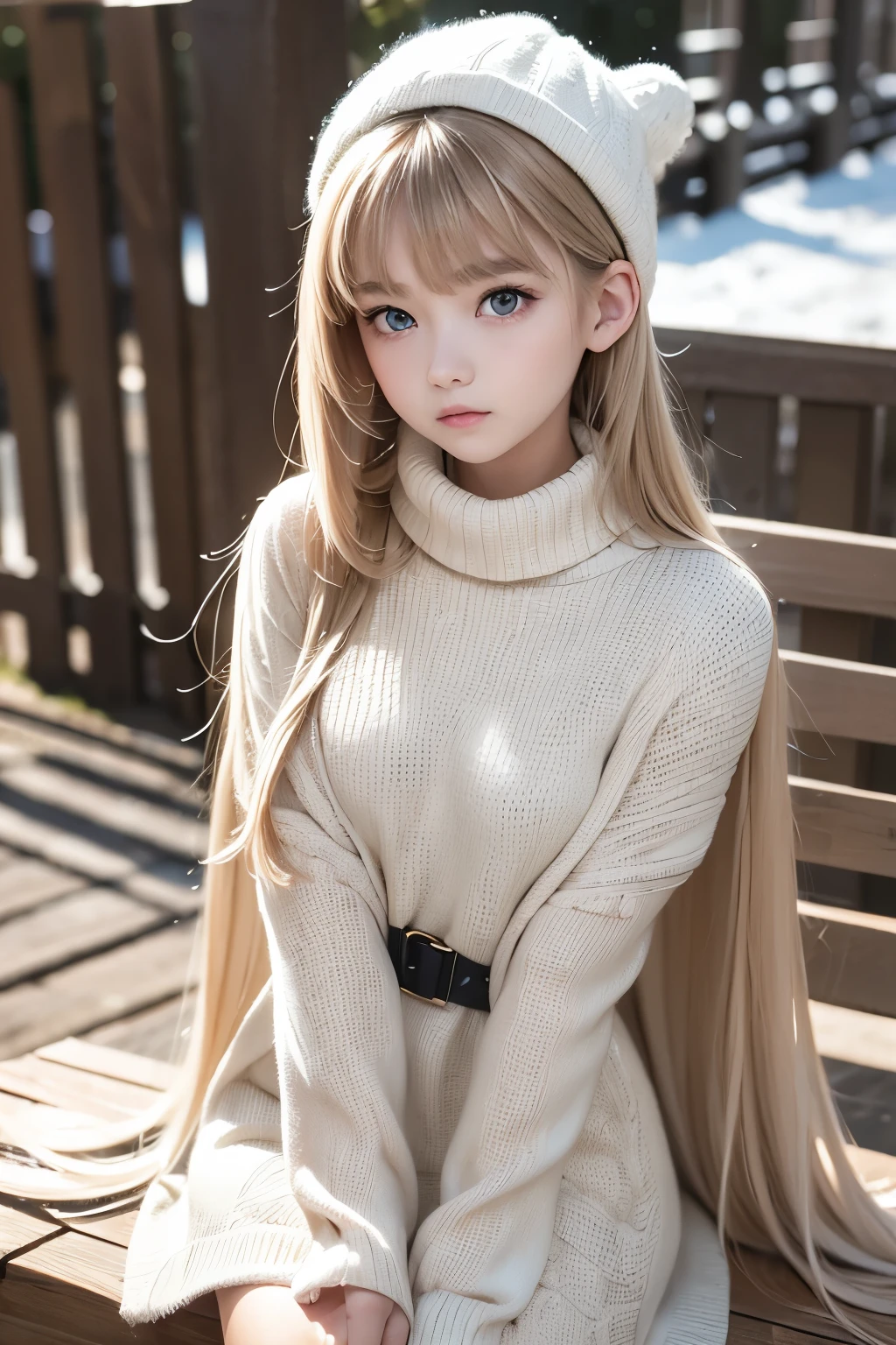 Arafed girl sitting on a bench wearing a white hat and sweater - SeaArt AI