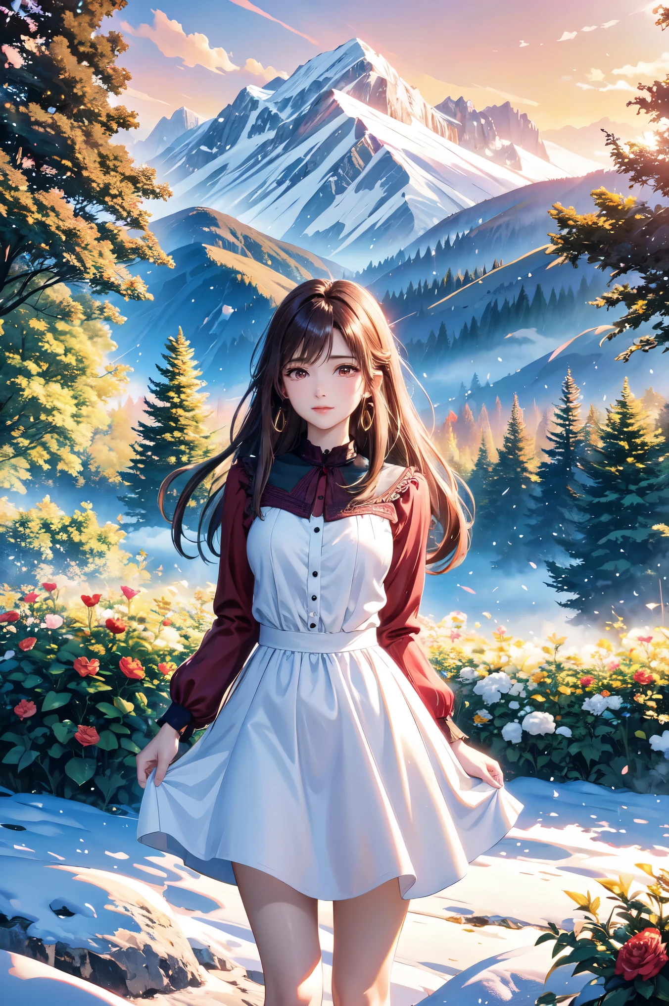 ( top quality, high definition , high image quality, masterpieces during breakfast, 8k), A Beautiful Woman , beautiful brown eyes, pink lips, beautiful perfect face, Anatomically accurate and beautiful body shape , Accurate hand drawing, dark brown long hair , long-sleeved blouse , Flowing long skirt, Mid-chest, earrings for a woman alone, Small villa with a good view , Majestic Mountain々, Forest of Trees , grassland, Clouds dyed red in the sunset , Detailed illustrated art with background,