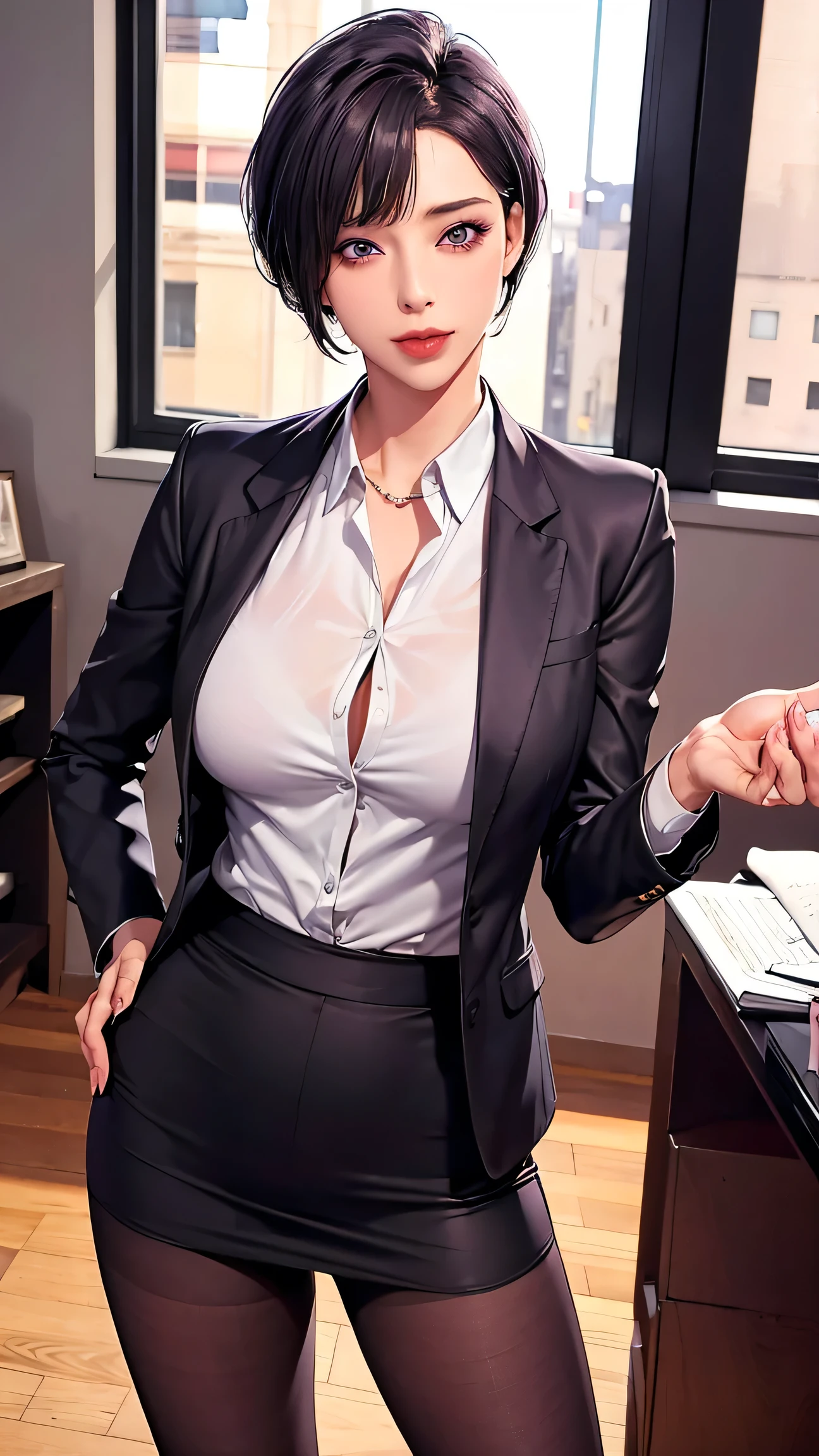 Heavy makeup， Fair Skin ，Mature slim fit ，Pants length ，Visible throughout the body，Ultra thin black pantyhose ，In the office， well-shaped ，Purple short hair，  purple eyes ，Skin color pantyhose， black hip wrap ， white shirt 、Jacket， Her eyes met the audience， warm and charming expression ， mouth corner with a slight smile。