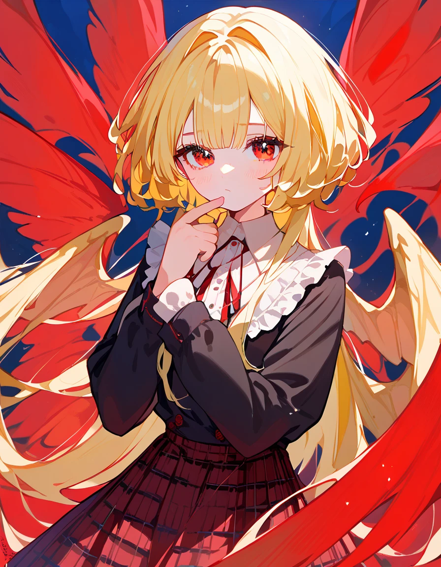 girl,Yellow hair, in red eyes ,Blue and red eyes, Black Eyelet ,ผมtwinstails hair,Gui Gangster , long sleeve shirt,Gothic,Plaid skirt,cool,With wings ,shy