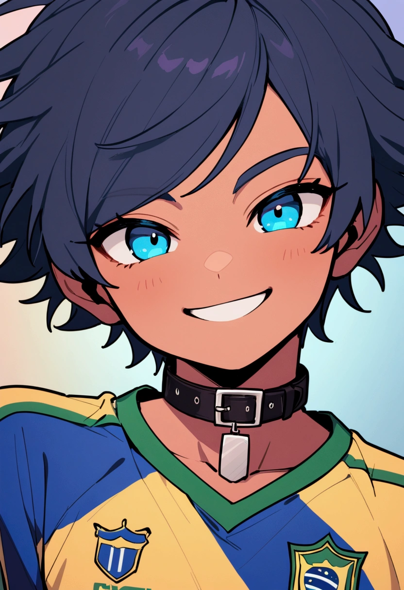 (portrait) , (close UP man face) , young teen boy with tanned skin , with blue eyes , and blue dark short hair , smile with a Big smile , look at the camera , beautiful eyes , wearing a collar and brazil jersey , Twitch emote