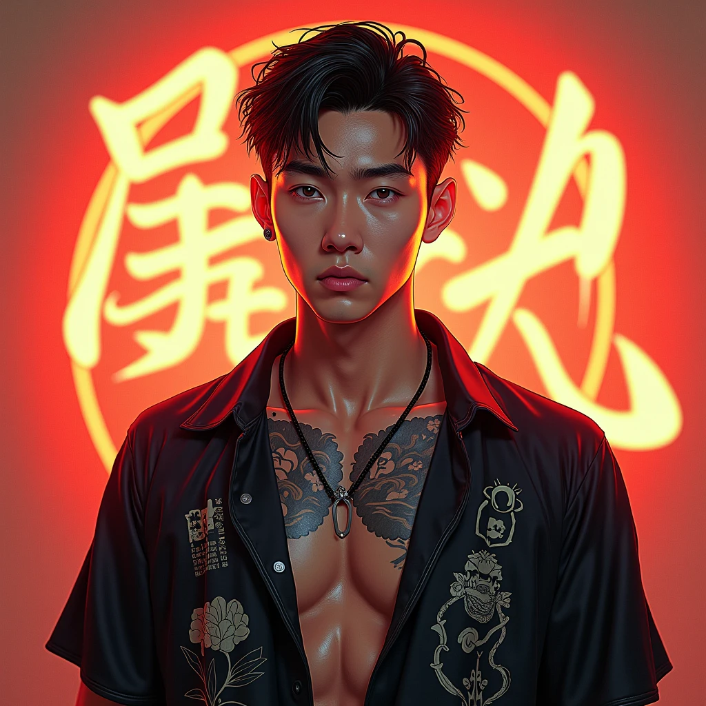 K-pop idol, male, Korean, shirtless, jewelry, dnd style, black hair
