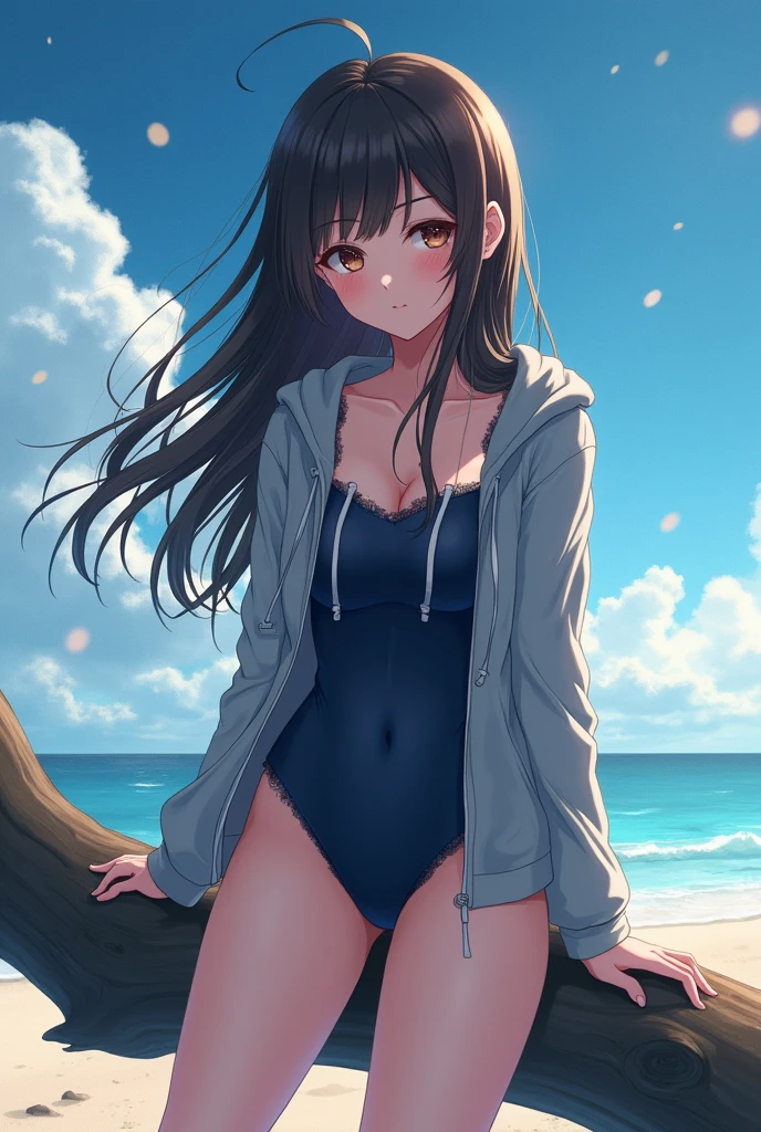 (masutepiece), (Best Quality), hyper detailed illustration,beautiful artwork,(Extreme Detail CG Unity 8K wallpaper、masterpiece、top-quality)、(exquisite lighting and shadow、highly dramatic picture、cinematic lens effects)、One girl in school swimsuit , black long haired girl wearing hoodie, beautiful Girl, CG Art, anime style 4 k, Seductive Girl, 4k wallpaper, attractive girl, beautiful Girl, beautiful alluring Art styles, ,Wake up with water,Wet,(Evil smile),Brown eyes,Wide blue sky,(Tsurime),(straggling hair),(Wet),poneyTail,(on the beach),beach side,(light sparkles),(light particles),(head tilt),(front side),sitting on the beach chair,crossed legs,