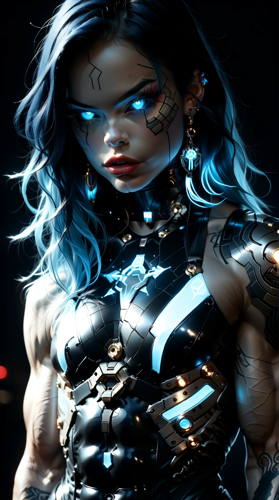 (nsfw:1), (Uncensored:1), score_9, score_8_up, score_7_up, (three quarters Shot), (1 girl), (asian), beautiful teenage (skinny) muscular goth cyborg girl, (full Cybernetic bodysuit:1.5), (black sclera:1.5), (blue glowing eyes:1.5), (blue glowing electric veins:1.25), (flat chest:1.25), (blue glowing hair:1.25), (beautiful face:1.25), (bodybuilder muscular physique:1.5), (strands of electricity emanating from body:1.25), (intricate gold filigree:1.5), bimbo lips, cowboy shot, cybernetic, mechanoid body parts, exposed cables and circuits, neon lights, gothic neon style, cyber punk style, super realistic image, beautiful digital paint ,DonMT3chC057ruc7s, hyper Realistic illustrations, CyberRealistic_Negative_PONY