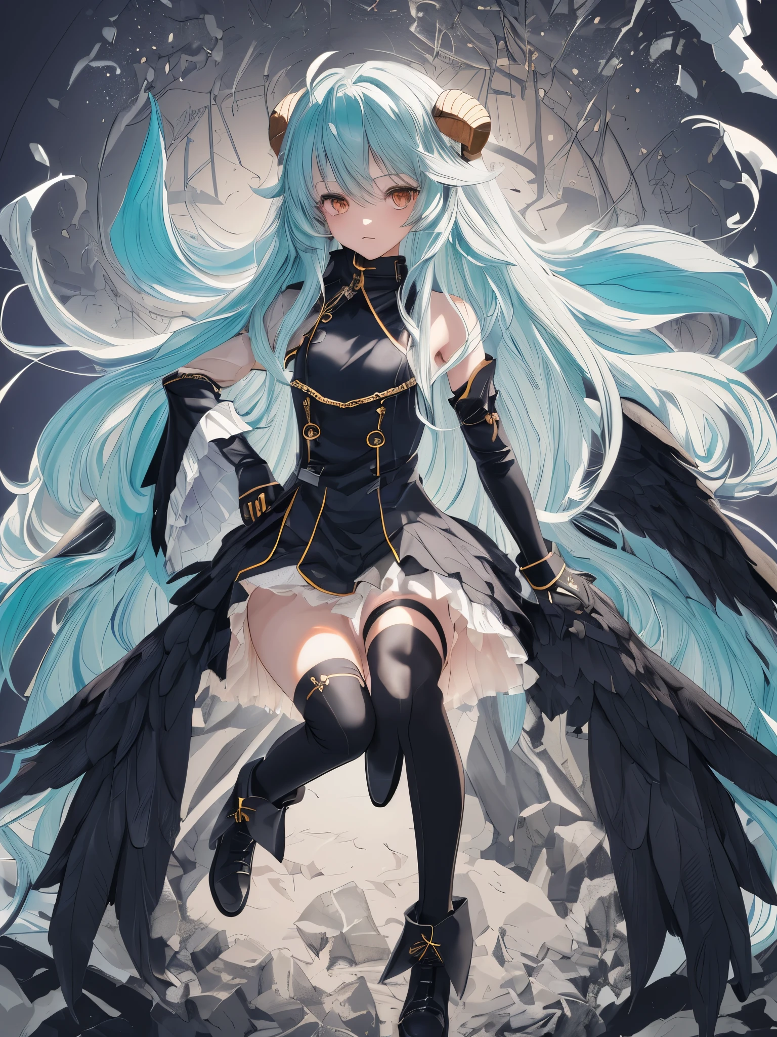 1girl, solo, long hair, gloves, breasts, thighhighs, pointy ears, elbow gloves, wings, navel, white background, halo, simple background, full body, looking at viewer, bare shoulders, blue eyes, very long hair, single thighhigh, skirt, black gloves, black skirt, armpits, aqua hair, cleavage, medium breasts, thighs, bangs, masterpiece, best quality,