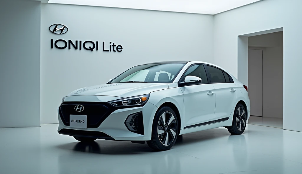 Hyundai ioniq  lite color left side at the showroom with name model and mono gram writing back wall of the showroom wall disply