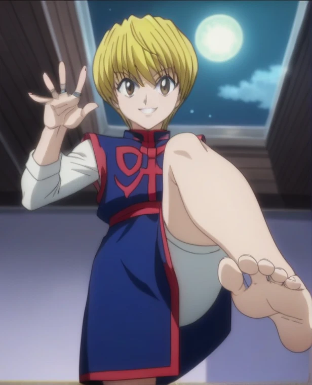 Score_9, score_8_up, source_anime, 1girl, Kurapika, Hunter x Hunter, big eyes, smile, happy expression, very pale skin, alone, looking at viewer, standing, in his bedroom, night, lifting one leg to show his soles, cowboy shot, ANIME SCREENCAP, anime coloring, barefoot, perfect feet, anatomically correct, soles, focal length 35mm, each foot has five toes, front, symmetrical soles, foot focus, white nail polish, low angle