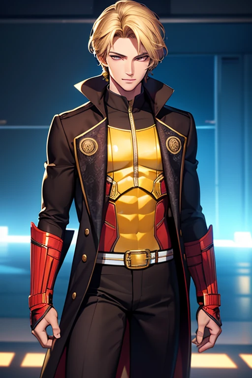 (  High-definition CG), (Best Quality),     a superhero and has a beautiful body,   hero costume , Handsome and cool young man   ,       Slim and Muscular      , My skin is brown  ,  blonde, Frivolous,   sensual vibe  ,