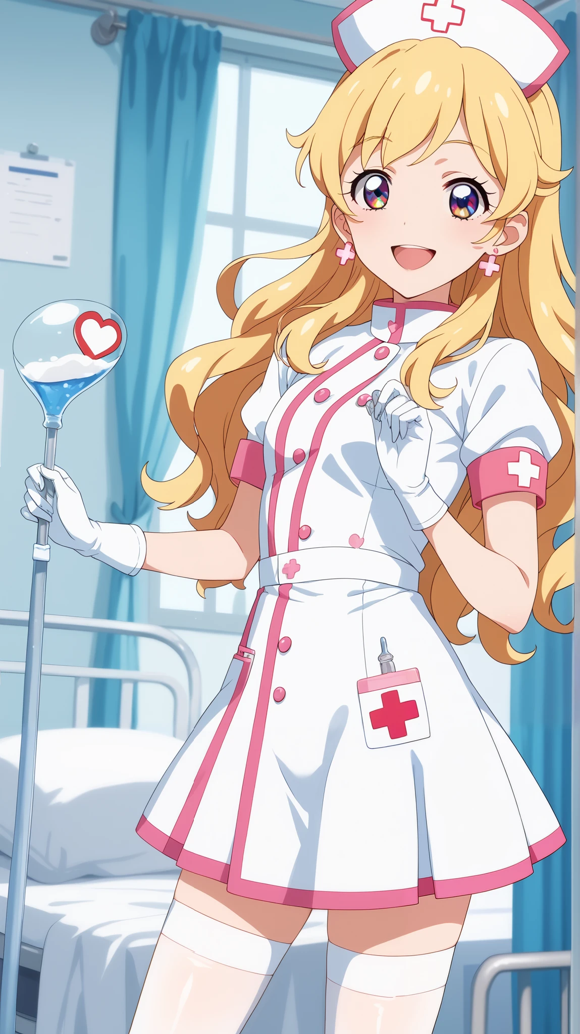 aikatsu,Blonde_HAIR,RED_HAIR_bandmasterpiece,best quality,ultra-detailed,super detailed skin,an extremely delicate and beautiful,beautiful detailed eyes,in1, long hair, solo, nurse, ((white nurse cap, white nurse's outfit)), ((white legwear, zettai ryouiki)), white gloves, smile, open mouth, standing, hospital room, sharp outline, short sleeves, best quality, masterpiece