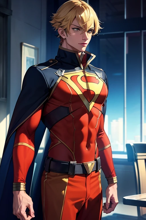 (  High-definition CG), (Best Quality),     a superhero and has a beautiful body,   hero costume , Handsome and cool young man   ,       Slim and Muscular      , My skin is brown  ,  blonde, Frivolous,   sensual vibe  ,