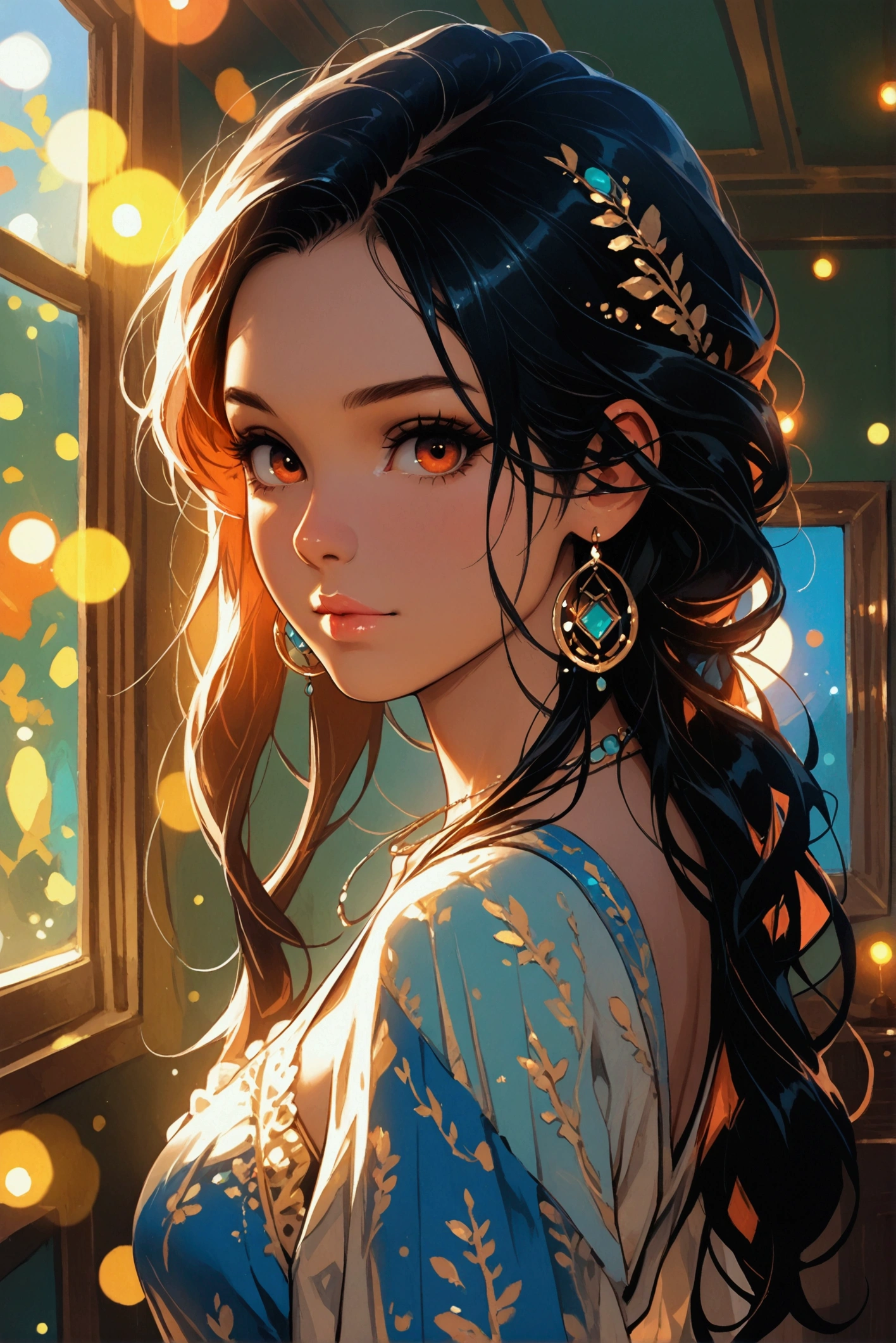 1girl in, age 20, Square face, Long hair, Looking at Viewer, jewelry, Realistic, A sexy, Maxi dress outfits, multicolored outfits, Vintage room background, free pose, bokeh, surreal, vivid colors, moody chiaroscuro lighting, ultra-sharp, max details, dynamic, great lighting, perfect shading, atmospheric, best quality, clear, surreal, ultra quality, 8k, best quality, masterpiece, 
