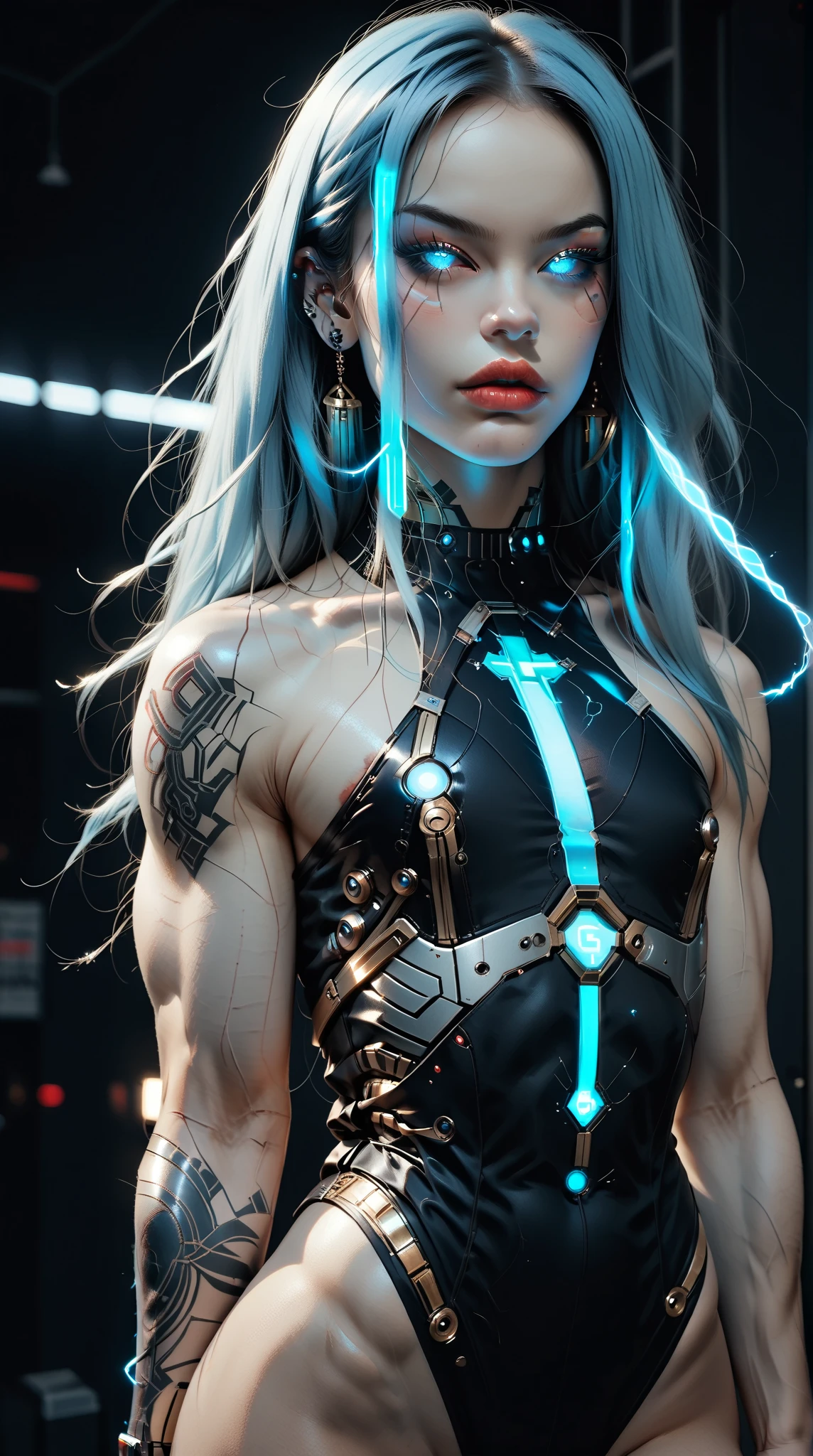 (nsfw:1), (Uncensored:1), score_9, score_8_up, score_7_up, (three quarters Shot), (1 girl), (asian), beautiful teenage (skinny) muscular goth cyborg girl, (full Cybernetic bodysuit:1.5), (black sclera:1.5), (blue glowing eyes:1.5), (blue glowing electric veins:1.25), (flat chest:1.25), (blue glowing hair:1.25), (beautiful face:1.25), (bodybuilder muscular physique:1.5), (strands of electricity emanating from body:1.25), (intricate gold filigree:1.5), bimbo lips, cowboy shot, cybernetic, mechanoid body parts, exposed cables and circuits, neon lights, gothic neon style, cyber punk style, super realistic image, beautiful digital paint ,DonMT3chC057ruc7s, hyper Realistic illustrations, CyberRealistic_Negative_PONY