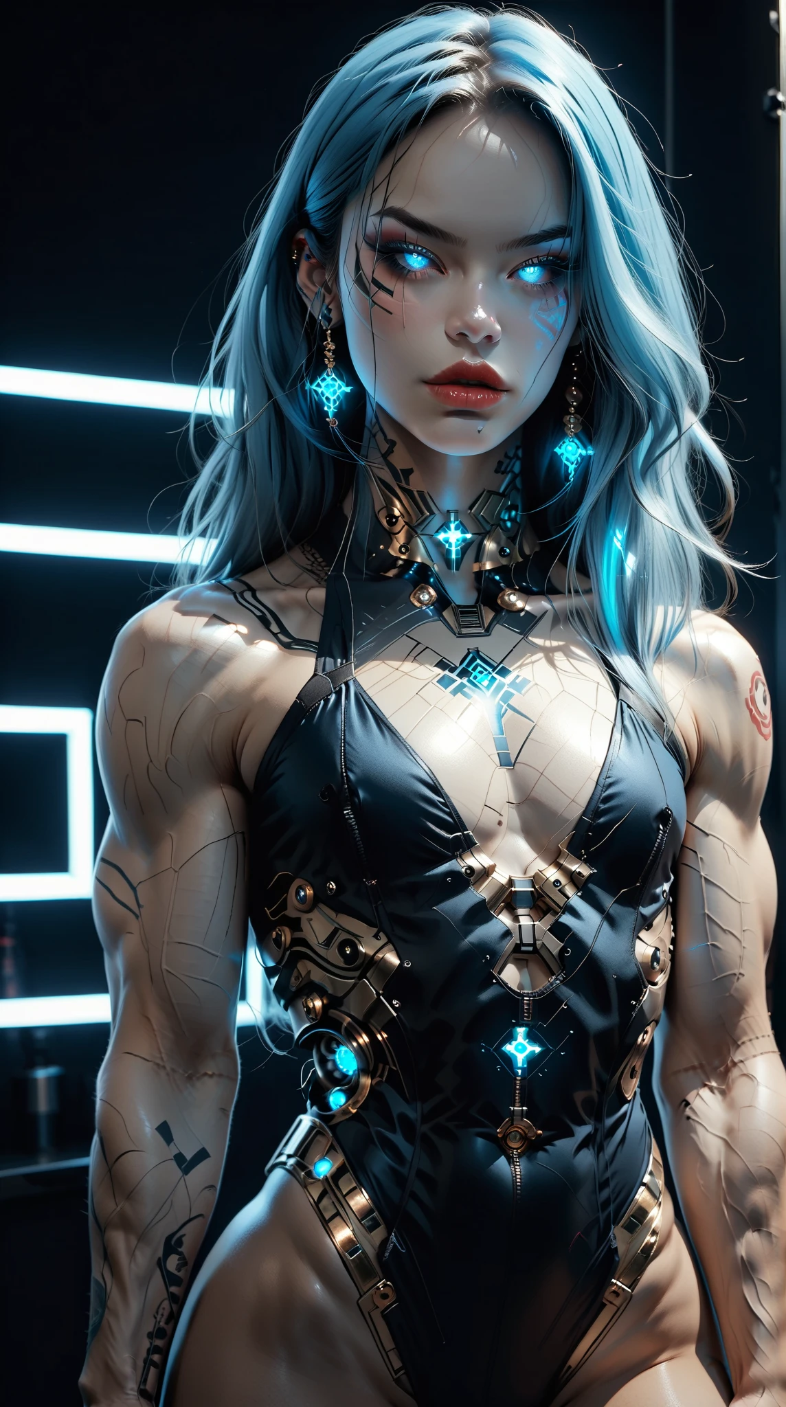 (nsfw:1), (Uncensored:1), score_9, score_8_up, score_7_up, (three quarters Shot), (1 girl), (asian), beautiful teenage (skinny) muscular goth cyborg girl, (full Cybernetic bodysuit:1.5), (black sclera:1.5), (blue glowing eyes:1.5), (blue glowing electric veins:1.25), (flat chest:1.25), (blue glowing hair:1.25), (beautiful face:1.25), (bodybuilder muscular physique:1.5), (strands of electricity emanating from body:1.25), (intricate gold filigree:1.5), bimbo lips, cowboy shot, cybernetic, mechanoid body parts, exposed cables and circuits, neon lights, gothic neon style, cyber punk style, super realistic image, beautiful digital paint ,DonMT3chC057ruc7s, hyper Realistic illustrations, CyberRealistic_Negative_PONY