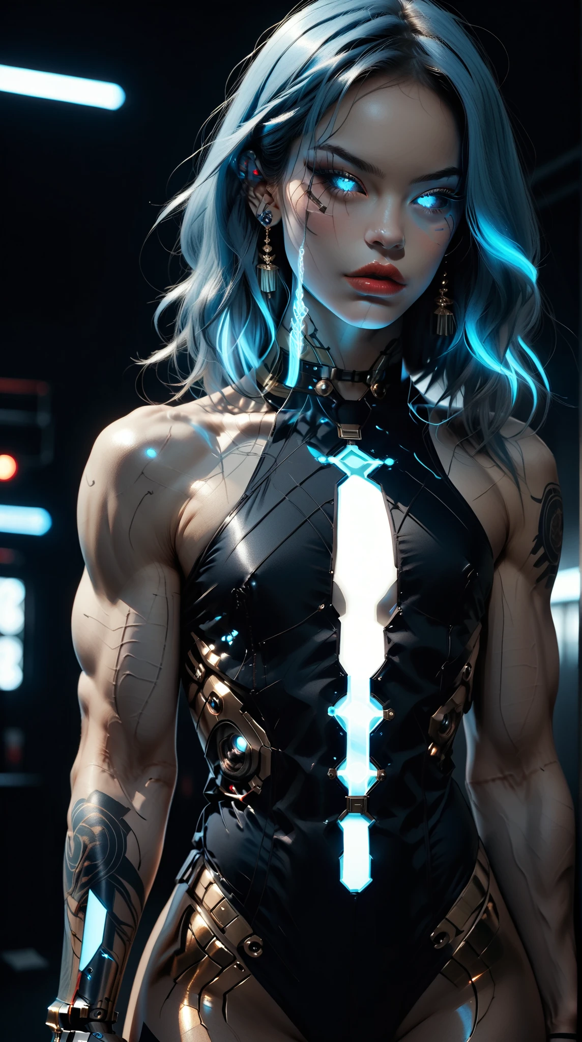 (nsfw:1), (Uncensored:1), score_9, score_8_up, score_7_up, (three quarters Shot), (1 girl), (asian), beautiful teenage (skinny) muscular goth cyborg girl, (full Cybernetic bodysuit:1.5), (black sclera:1.5), (blue glowing eyes:1.5), (blue glowing electric veins:1.25), (flat chest:1.25), (blue glowing hair:1.25), (beautiful face:1.25), (bodybuilder muscular physique:1.5), (strands of electricity emanating from body:1.25), (intricate gold filigree:1.5), bimbo lips, cowboy shot, cybernetic, mechanoid body parts, exposed cables and circuits, neon lights, gothic neon style, cyber punk style, super realistic image, beautiful digital paint ,DonMT3chC057ruc7s, hyper Realistic illustrations, CyberRealistic_Negative_PONY