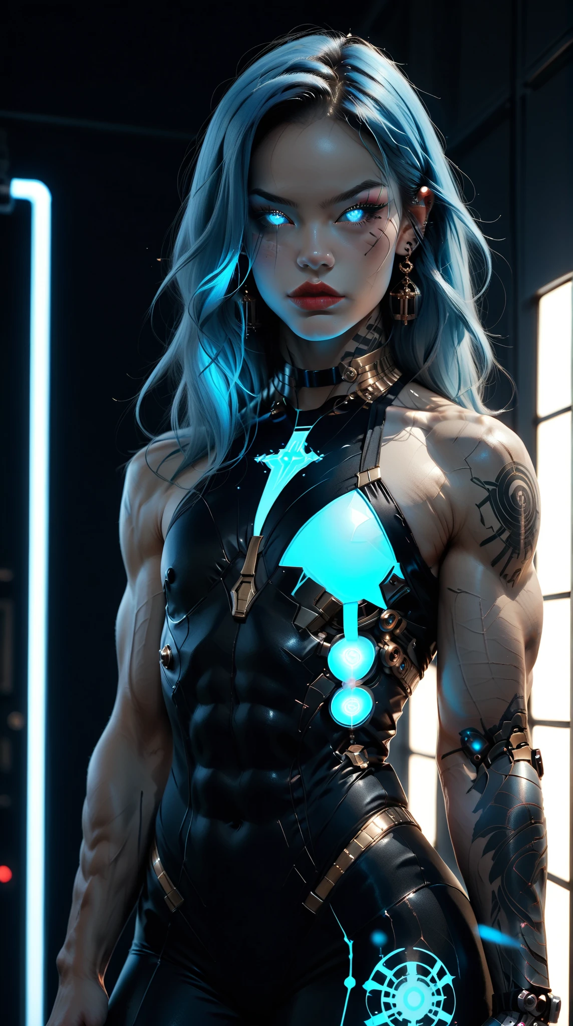 (nsfw:1), (Uncensored:1), score_9, score_8_up, score_7_up, (three quarters Shot), (1 girl), (asian), beautiful teenage (skinny) muscular goth cyborg girl, (full Cybernetic bodysuit:1.5), (black sclera:1.5), (blue glowing eyes:1.5), (blue glowing electric veins:1.25), (flat chest:1.25), (blue glowing hair:1.25), (beautiful face:1.25), (bodybuilder muscular physique:1.5), (strands of electricity emanating from body:1.25), (intricate gold filigree:1.5), bimbo lips, cowboy shot, cybernetic, mechanoid body parts, exposed cables and circuits, neon lights, gothic neon style, cyber punk style, super realistic image, beautiful digital paint ,DonMT3chC057ruc7s, hyper Realistic illustrations, CyberRealistic_Negative_PONY