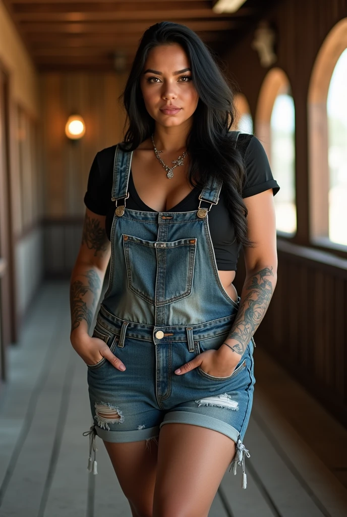 ein pin up von Christy Mack grosse Blaue unschudige Augen vollbusig, Tussi, seductive, sexy, big , Kamelzehausbuchtung Breiter spalt zwischen den Oberschenkeln 2.0 long black mane with blue highlights, skintight destroyed jeans ultra tight shirt with neckline spread legs