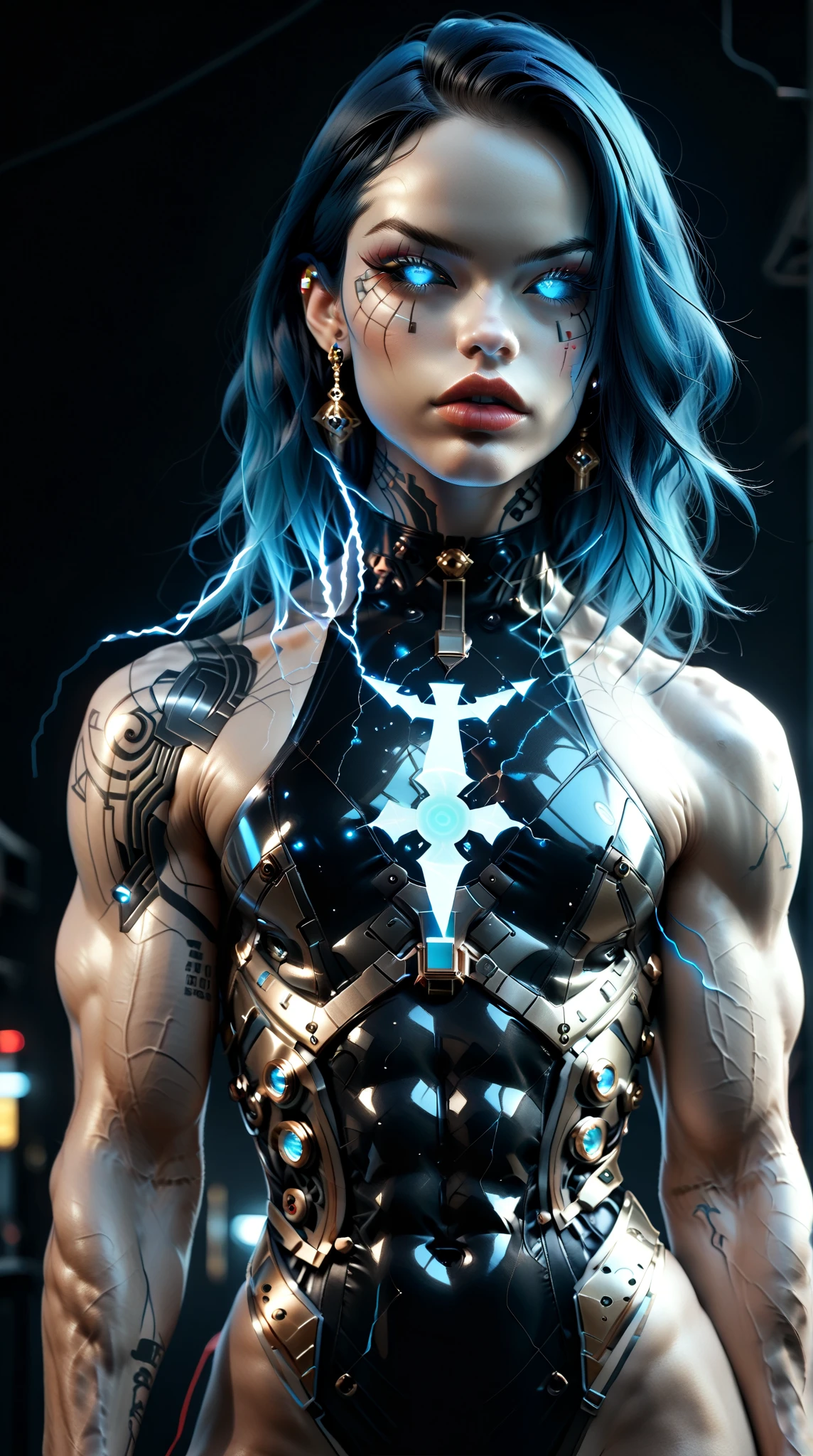 (nsfw:1), (Uncensored:1), score_9, score_8_up, score_7_up, (three quarters Shot), (1 girl), (asian), beautiful teenage (skinny) muscular goth cyborg girl, (full Cybernetic bodysuit:1.5), (black sclera:1.5), (blue glowing eyes:1.5), (blue glowing electric veins:1.25), (flat chest:1.25), (blue glowing hair:1.25), (beautiful face:1.25), (bodybuilder muscular physique:1.5), (strands of electricity emanating from body:1.25), (intricate gold filigree:1.5), bimbo lips, cowboy shot, cybernetic, mechanoid body parts, exposed cables and circuits, neon lights, gothic neon style, cyber punk style, super realistic image, beautiful digital paint ,DonMT3chC057ruc7s, hyper Realistic illustrations, CyberRealistic_Negative_PONY