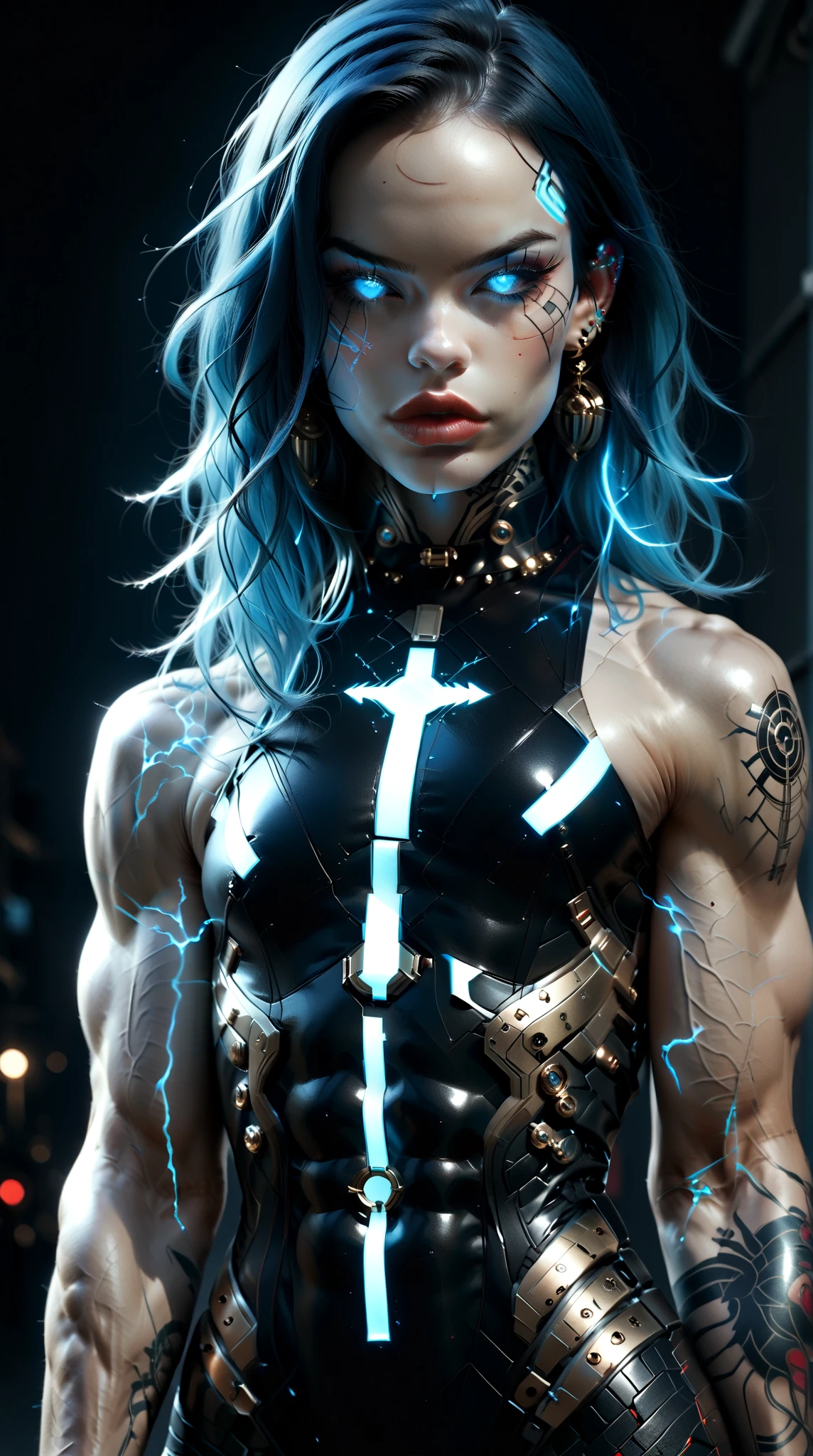 (nsfw:1), (Uncensored:1), score_9, score_8_up, score_7_up, (three quarters Shot), (1 girl), (asian), beautiful teenage (skinny) muscular goth cyborg girl, (full Cybernetic bodysuit:1.5), (black sclera:1.5), (blue glowing eyes:1.5), (blue glowing electric veins:1.25), (flat chest:1.25), (blue glowing hair:1.25), (beautiful face:1.25), (bodybuilder muscular physique:1.5), (strands of electricity emanating from body:1.25), (intricate gold filigree:1.5), bimbo lips, cowboy shot, cybernetic, mechanoid body parts, exposed cables and circuits, neon lights, gothic neon style, cyber punk style, super realistic image, beautiful digital paint ,DonMT3chC057ruc7s, hyper Realistic illustrations, CyberRealistic_Negative_PONY