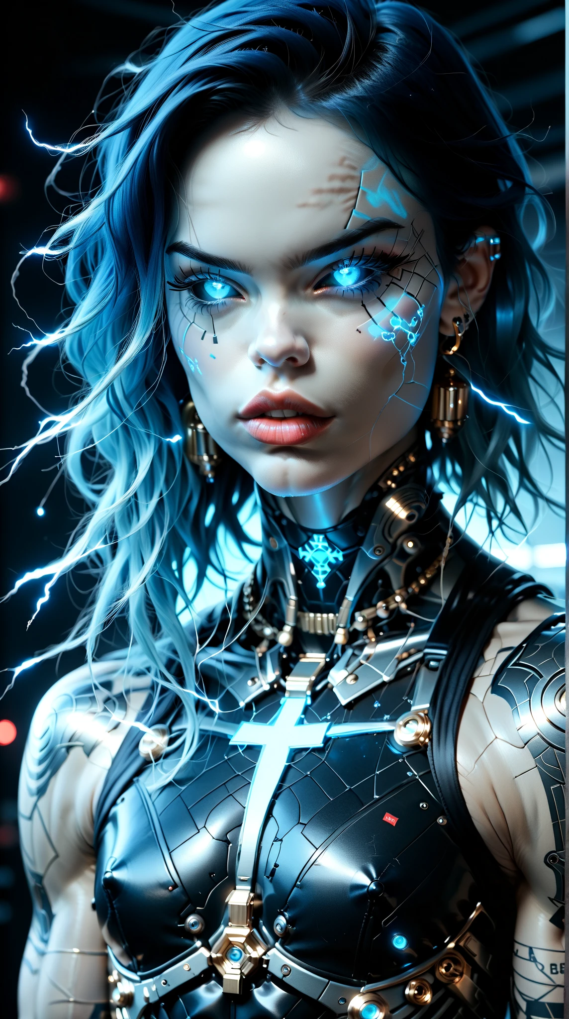 score_9, score_8_up, score_7_up, (three quarters Shot), (1 girl), (asian), beautiful teenage (skinny) muscular goth cyborg girl, (full Cybernetic bodysuit:1.5), (black sclera:1.5), (blue glowing eyes:1.5), (blue glowing electric veins:1.25), (flat chest:1.25), (blue glowing hair:1.25), (beautiful face:1.25), (bodybuilder muscular physique:1.5), (strands of electricity emanating from body:1.25), (intricate gold filigree:1.5), bimbo lips, cowboy shot, cybernetic, mechanoid body parts, exposed cables and circuits, neon lights, gothic neon style, cyber punk style, super realistic image, beautiful digital paint ,DonMT3chC057ruc7s, hyper Realistic illustrations, CyberRealistic_Negative_PONY