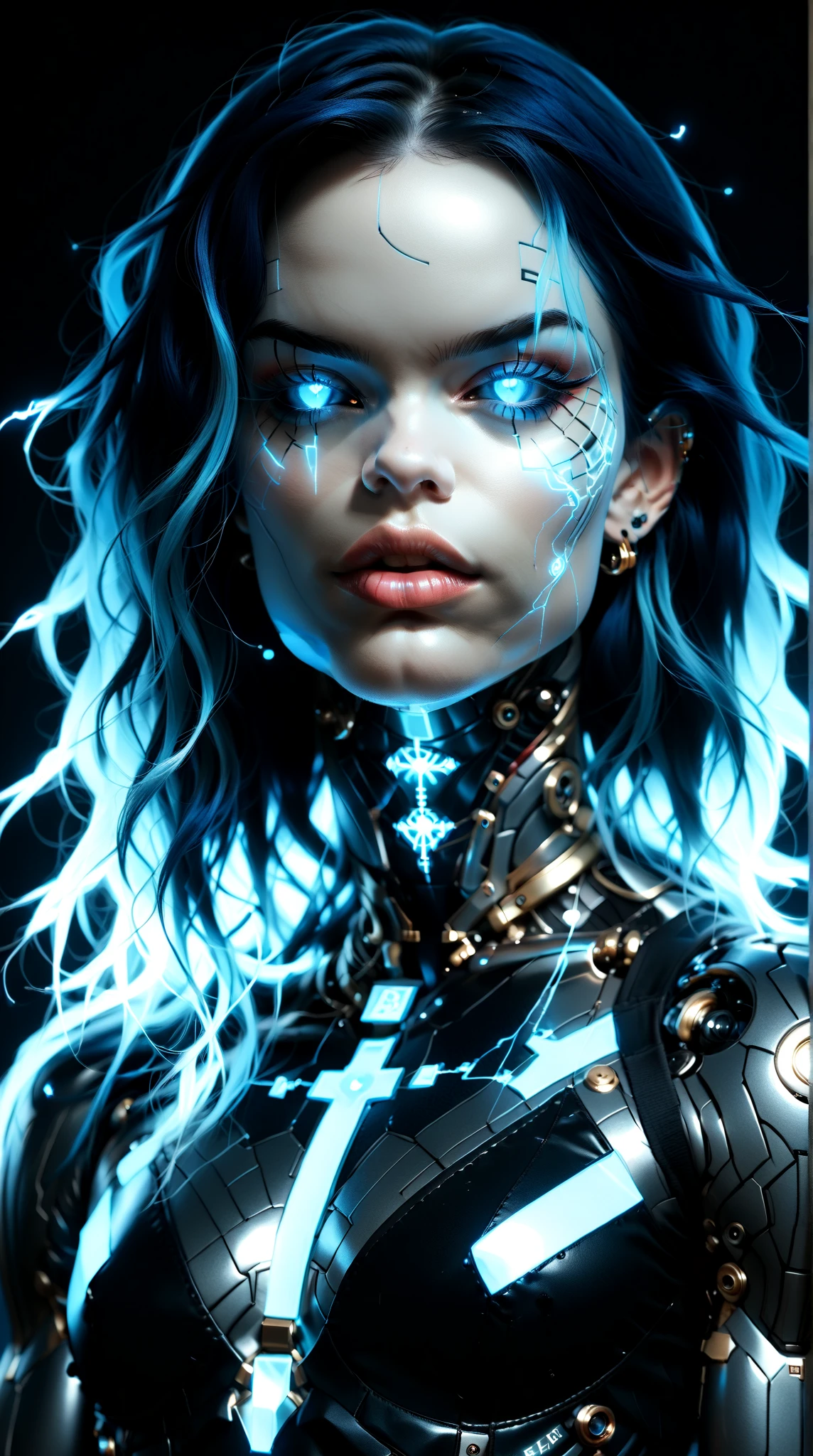 score_9, score_8_up, score_7_up, (three quarters Shot), (1 girl), (asian), beautiful teenage (skinny) muscular goth cyborg girl, (full Cybernetic bodysuit:1.5), (black sclera:1.5), (blue glowing eyes:1.5), (blue glowing electric veins:1.25), (flat chest:1.25), (blue glowing hair:1.25), (beautiful face:1.25), (bodybuilder muscular physique:1.5), (strands of electricity emanating from body:1.25), (intricate gold filigree:1.5), bimbo lips, cowboy shot, cybernetic, mechanoid body parts, exposed cables and circuits, neon lights, gothic neon style, cyber punk style, super realistic image, beautiful digital paint ,DonMT3chC057ruc7s, hyper Realistic illustrations, CyberRealistic_Negative_PONY