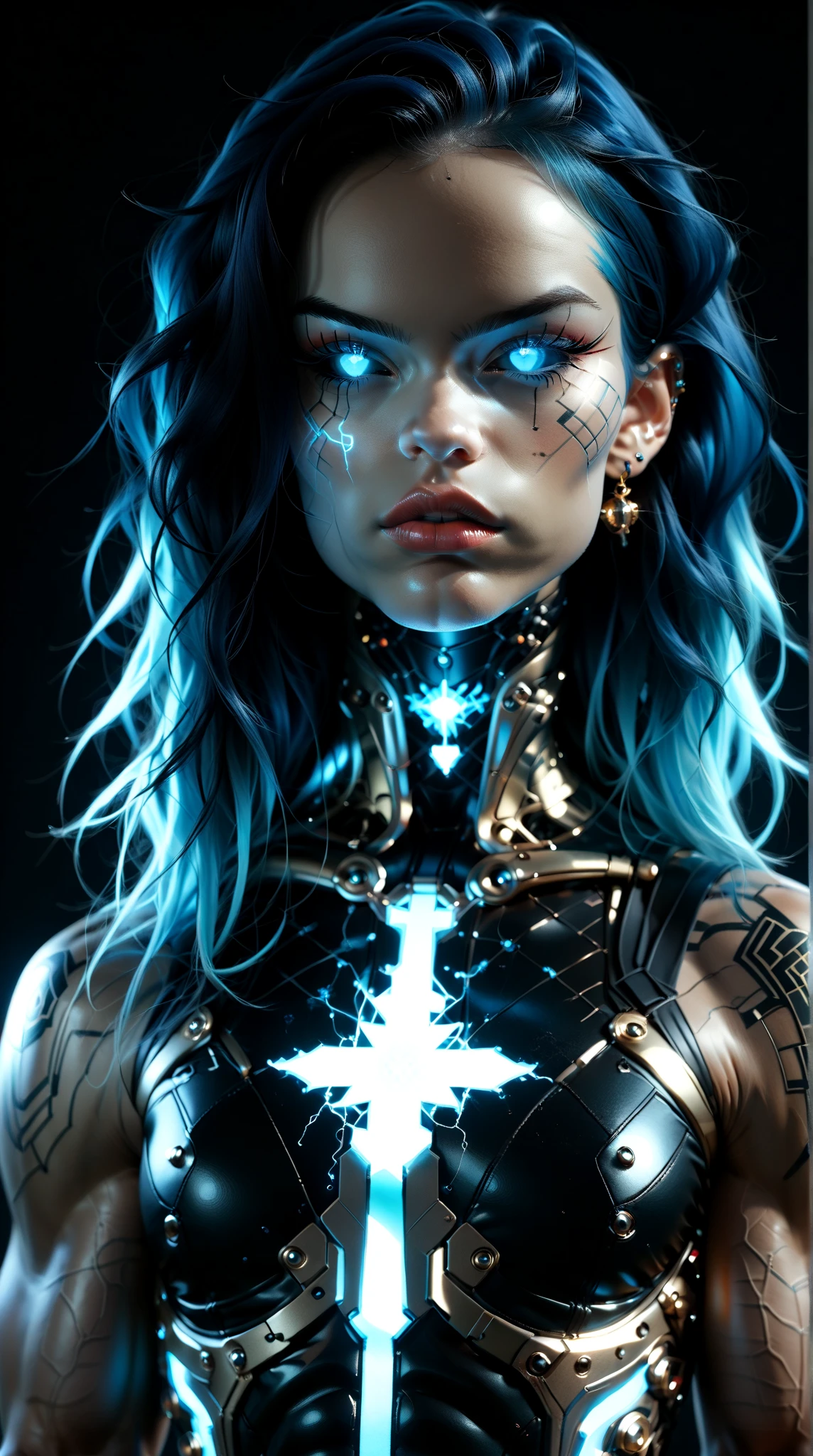 score_9, score_8_up, score_7_up, (three quarters Shot), (1 girl), (asian), beautiful teenage (skinny) muscular goth cyborg girl, (full Cybernetic bodysuit:1.5), (black sclera:1.5), (blue glowing eyes:1.5), (blue glowing electric veins:1.25), (flat chest:1.25), (blue glowing hair:1.25), (beautiful face:1.25), (bodybuilder muscular physique:1.5), (strands of electricity emanating from body:1.25), (intricate gold filigree:1.5), bimbo lips, cowboy shot, cybernetic, mechanoid body parts, exposed cables and circuits, neon lights, gothic neon style, cyber punk style, super realistic image, beautiful digital paint ,DonMT3chC057ruc7s, hyper Realistic illustrations, CyberRealistic_Negative_PONY