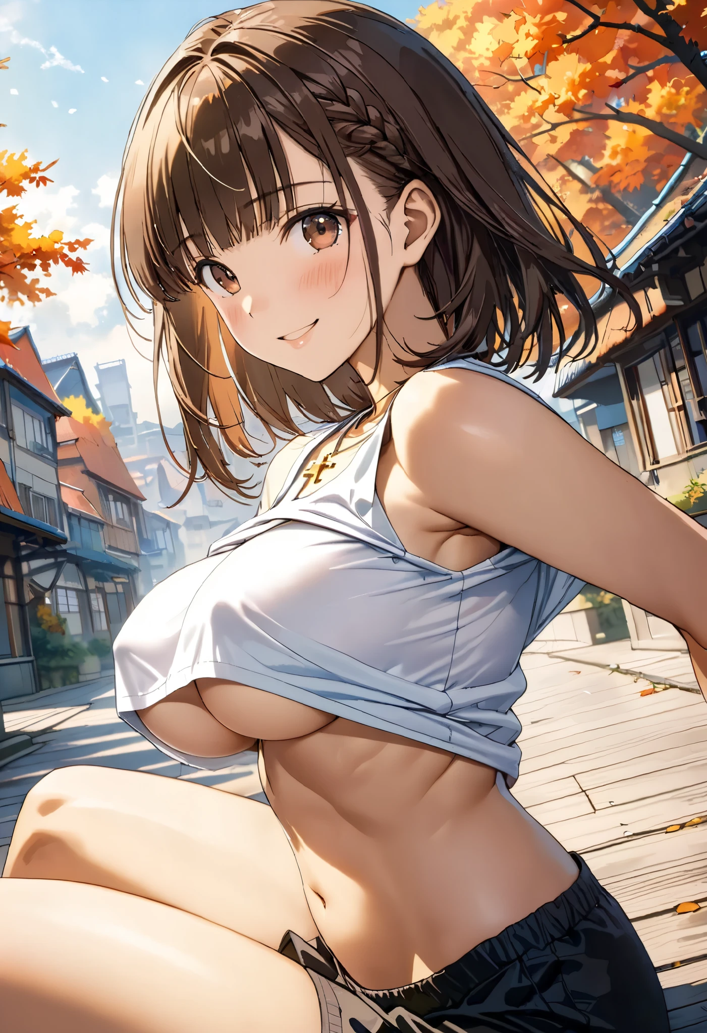 masterpiece, Best Quality, High resolution,16k,official art,super detailed skin,detailed,animated painting, Takarada Rikka ,1990s \(style\),(F cup beautiful breasts)、25years old, (tall:1.2),height: 175cm,Sexy long legs,Fashion model body type,Medium Hair,forehead,Brown Hair,french braid,(Oversized white tank top),sideboob,Belly button、Abdominal muscles,Black shorts,cross necklace,tanned skin,(face seen from the side:1.5),Muscular、1girl、big laugh,smile、Shy、Shyness,Cool look,blush,Anime-style painting style,(intense wide shot),gigantic scale,A composition that shows the upper body,cinematic lighting,superfine,magnificent view、Apartment  living、autumn,(morning:1.5)、(sexy),Gazing into the distance,, Captivating look, Wind, Wind-effect, (Amazing views:1.1) , clockpunk、Sitting cross-legged,(closeup:1.8),dynamic angle,(underboob,shirt lift:1.5),Abdominal muscles