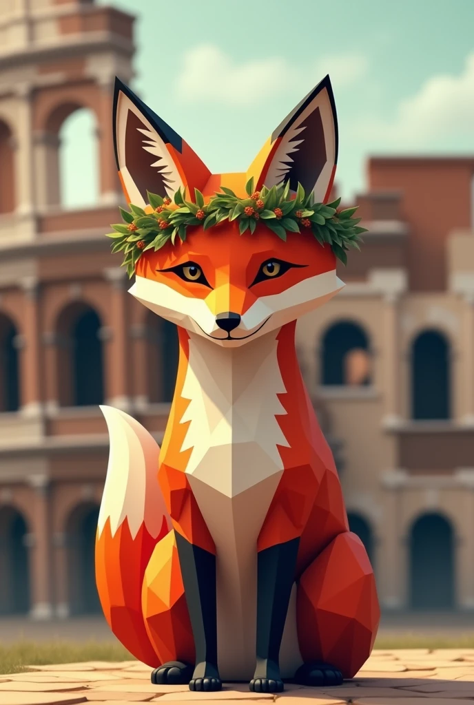 A small geometric fox with a laurel wreath on its head as Caesar against the background of the Colosseum