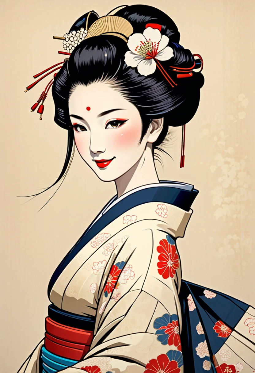 Ukiyo-e style, geisha, Japanese woman, beautiful, elegant, geisha in kimono, smiling, beautiful, ((best masterpiece, best quality, highest rating, 8K))