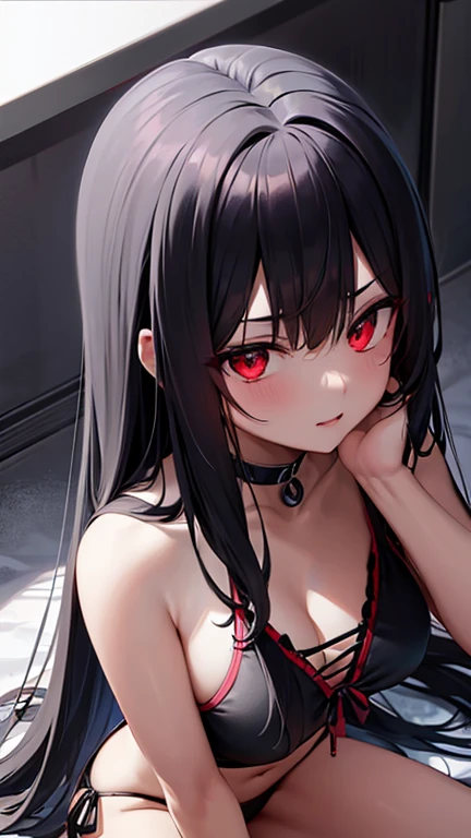1 girl ,(large stigmata) , Kirchenruine, bloody rosary , (floating hair, floating skirt), ((Blutmeer)),From Side View, Characterfocus, ((Blacklight)),((dark lighting)), cinematic lighting ,(darkness), (conceptual art), ((Rape Face)) ,verträumter Blick detailreiche eyes, detailed face, detailed skin, extremely detail, detalierte eyes, black long straight hair, black hair, Braided hairstyles, long straight braids, hair band , red eyes color, Short black dress, tight black dress, absolutes Territorium, Thigh high socks, (glowing eyes), high resolution,(incredibly absurd) ,Extreme detail CG Unity 8K wallpaper, ((masterpiece)), ((top quality)), (beautiful illustration), ((an extremely delicate and beautiful)), (masterpiece, best quality, ultra high resolution), black hair, pale skin, Black Crown, red eyes, bright_eyes, neon eyes, ultra detailed eyes, schönes und detailed face, detailed eyes, (centered, torso), (tears), (wide angle shot:0.9), facing to viewer, eyeshöhe