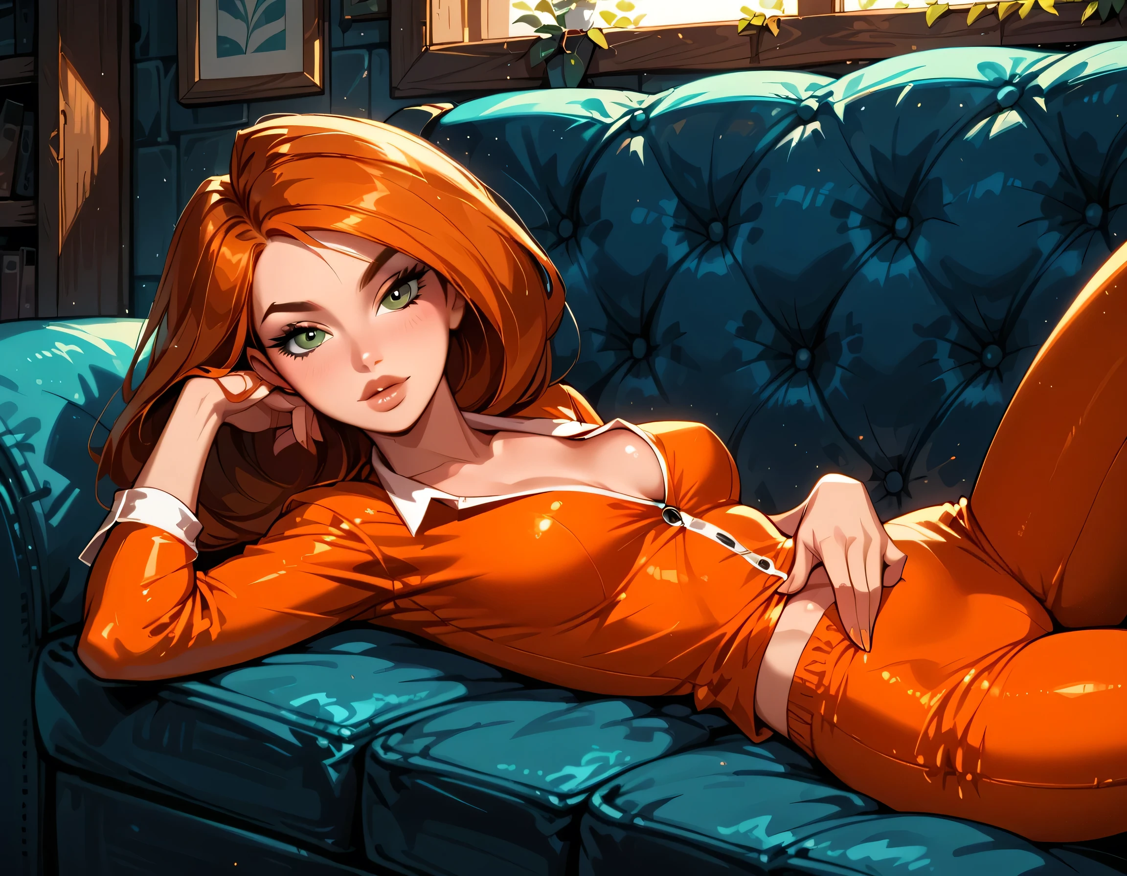 Dark Fantasy Art of score_9, score_8_up, score_7_up, rating_questionable, fantasy, lighting, epiCPhoto 1girl, very sexy Kim Possible, orange-red hair, sexy tight pajamas, solo, cute, flirt, gaze, sexy look, half-closed eyes, head tilt, filled lips, thick lips, makeup, modelling shoot, sexy pose, (laying on leather sofa:1.2), dark, moody,