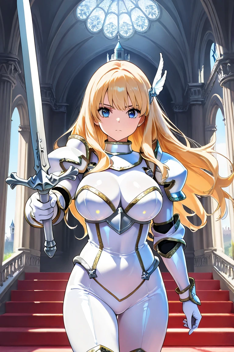 a medieval  anime lady knight with large breasts,exposed legs and breasts,blonde hair,blue eyes,beautiful detailed eyes,beautiful detailed lips,extremely detailed eyes and face,long eyelashes,intricate detailed ornate armor,epic fantasy,highres,8k,best quality,masterpiece,photorealistic,cinematic lighting,dramatic lighting,dramatic atmosphere,in a epic fantasy castle environment,volumetric fog,cinematic composition,ornate detailed background,Masterpiece, High Quality, Super Detailed, Anime Style, 