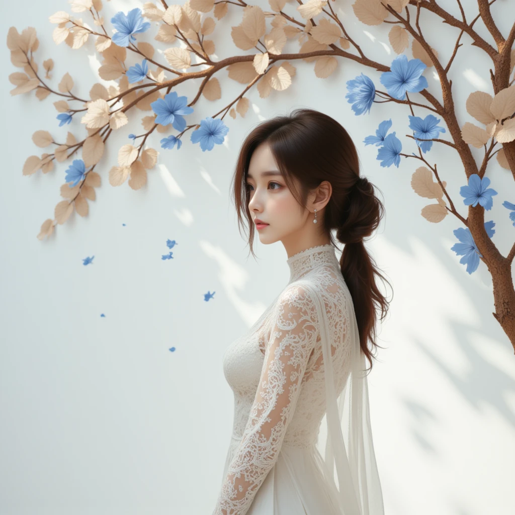 pattern2 . The image is a digital art-portrait of a young asian woman with flowing hair styled in a sleek updo. She is standing in front of a white wall with a large and glorious trees branch and blatts and blue flowers design on it. The tree branch is made up of various shades of brown and beige leaves, creating a beautiful and intricate pattern and colour. The leaves are arranged in a way that creates a sense of movement and energy. The woman is wearing a flowing white dress with a intricate Gothic twist  accentuating her curves and her hair is styled in loose waves. She has a serene expression on her face and is looking off to the side. The overall mood of the image is dreamy and ethereal.