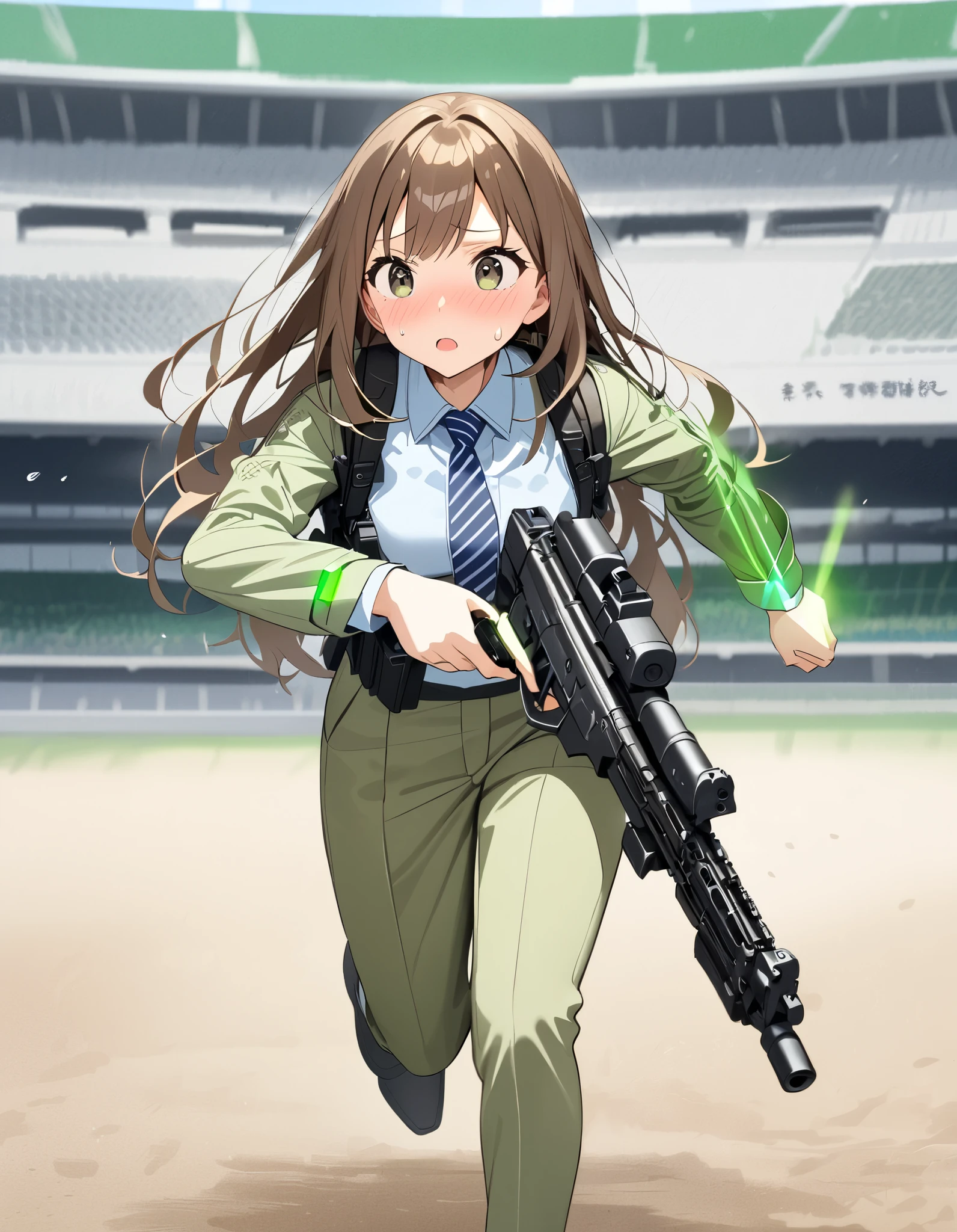 masterpiece, best quality, highres, 1girl, solo, solo focus, dark brown hair, long hair, hazel brown eyes, beautiful detailed eyes, beautiful detailed face, cute face, light blue shirt, long sleeves, shoulder holster, blue striped necktie, green pants, black shoes. blush, shy, klutzy, ((sweatdrop)). tokyo stadium backdrop, outdoors. holding weapon, holding gun, blaster rifle, trigger discipline. ((running, dodging green lasers)), story green laser bolts.