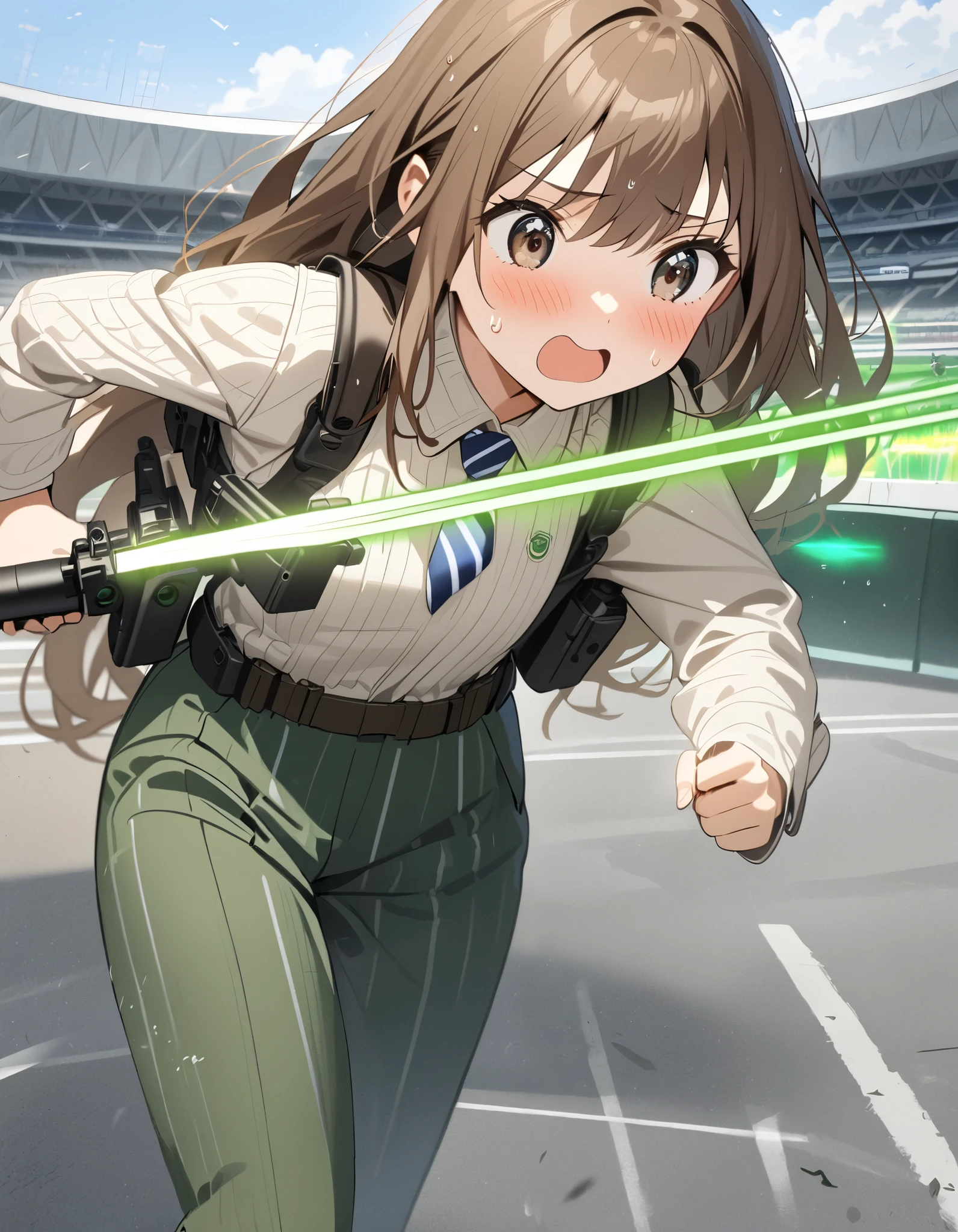 masterpiece, best quality, highres, 1girl, solo, solo focus, dark brown hair, long hair, hazel brown eyes, beautiful detailed eyes, beautiful detailed face, cute face, light blue shirt, long sleeves, shoulder holster, blue striped necktie, green pants, black shoes. blush, shy, klutzy, ((sweatdrop)). tokyo stadium backdrop, outdoors. holding weapon, holding gun, blaster rifle, trigger discipline. ((running, dodging green lasers)), story green laser bolts.