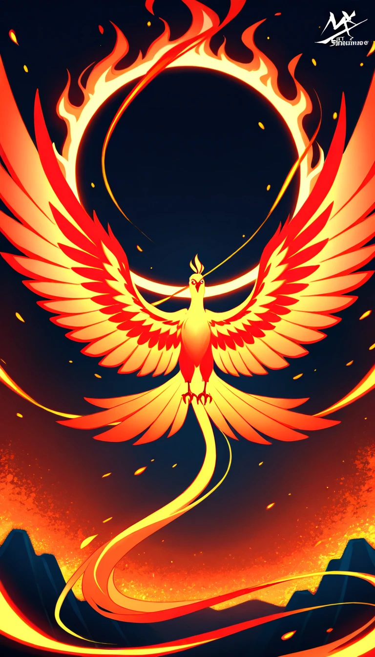 A majestic mythical bird representing Suzaku the Vermilion Bird from East Asian mythology, The bird is depicted soaring in the sky surrounded by flames and glowing embers with elegant red and orange feathers that shimmer in the light, The Suzaku has a long flowing tail similar to a phoenix and intricate gold-lined details on its wings, The background shows a warm glowing sunset over a vast mystical landscape blending ancient East Asian aesthetic elements, Monochrome silhouette art of a majestic vermilion bird spreading its wings, taking off into a dark starless sky, The bird is shrouded in shadows only its flaming wings and tail visible casting a dramatic contrast against the night, Flames trail along the edges of its wings creating a fiery halo that illuminates the surrounding darkness emphasizing the bird’s ethereal and mystic presence, The bird’s form is graceful and powerful capturing a moment of pure transcendence and flight