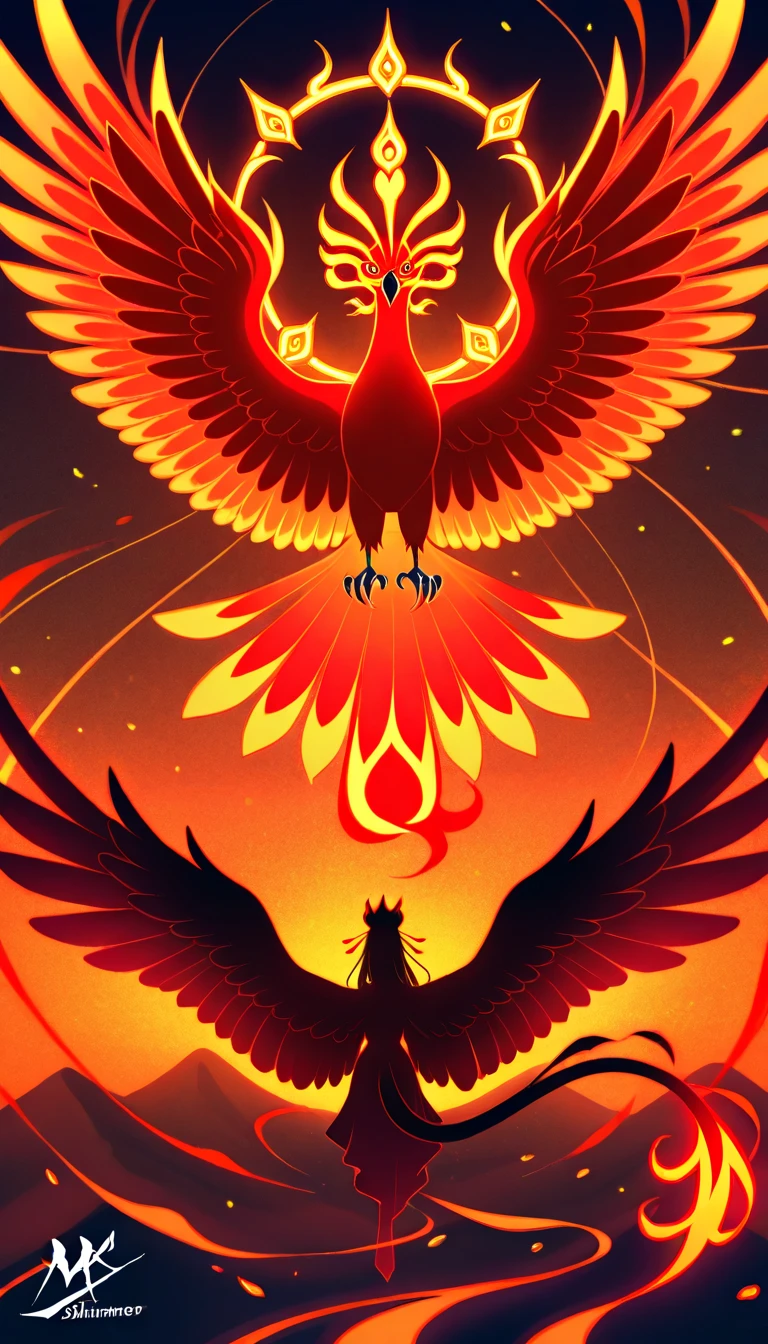 A majestic mythical bird representing Suzaku the Vermilion Bird from East Asian mythology, The bird is depicted soaring in the sky surrounded by flames and glowing embers with elegant red and orange feathers that shimmer in the light, The Suzaku has a long flowing tail similar to a phoenix and intricate gold-lined details on its wings, The background shows a warm glowing sunset over a vast mystical landscape blending ancient East Asian aesthetic elements, Monochrome silhouette art of a majestic vermilion bird spreading its wings, taking off into a dark starless sky, The bird is shrouded in shadows only its flaming wings and tail visible casting a dramatic contrast against the night, Flames trail along the edges of its wings creating a fiery halo that illuminates the surrounding darkness emphasizing the bird’s ethereal and mystic presence, The bird’s form is graceful and powerful capturing a moment of pure transcendence and flight