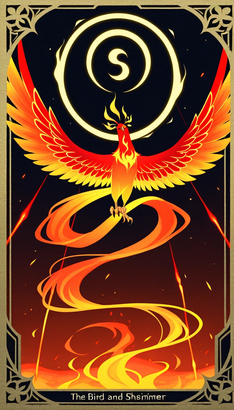 A majestic mythical bird representing Suzaku the Vermilion Bird from East Asian mythology, The bird is depicted soaring in the sky surrounded by flames and glowing embers with elegant red and orange feathers that shimmer in the light, The Suzaku has a long flowing tail similar to a phoenix and intricate gold-lined details on its wings, The background shows a warm glowing sunset over a vast mystical landscape blending ancient East Asian aesthetic elements, Monochrome silhouette art of a majestic vermilion bird spreading its wings, taking off into a dark starless sky, The bird is shrouded in shadows only its flaming wings and tail visible casting a dramatic contrast against the night, Flames trail along the edges of its wings creating a fiery halo that illuminates the surrounding darkness emphasizing the bird’s ethereal and mystic presence, The bird’s form is graceful and powerful capturing a moment of pure transcendence and flight